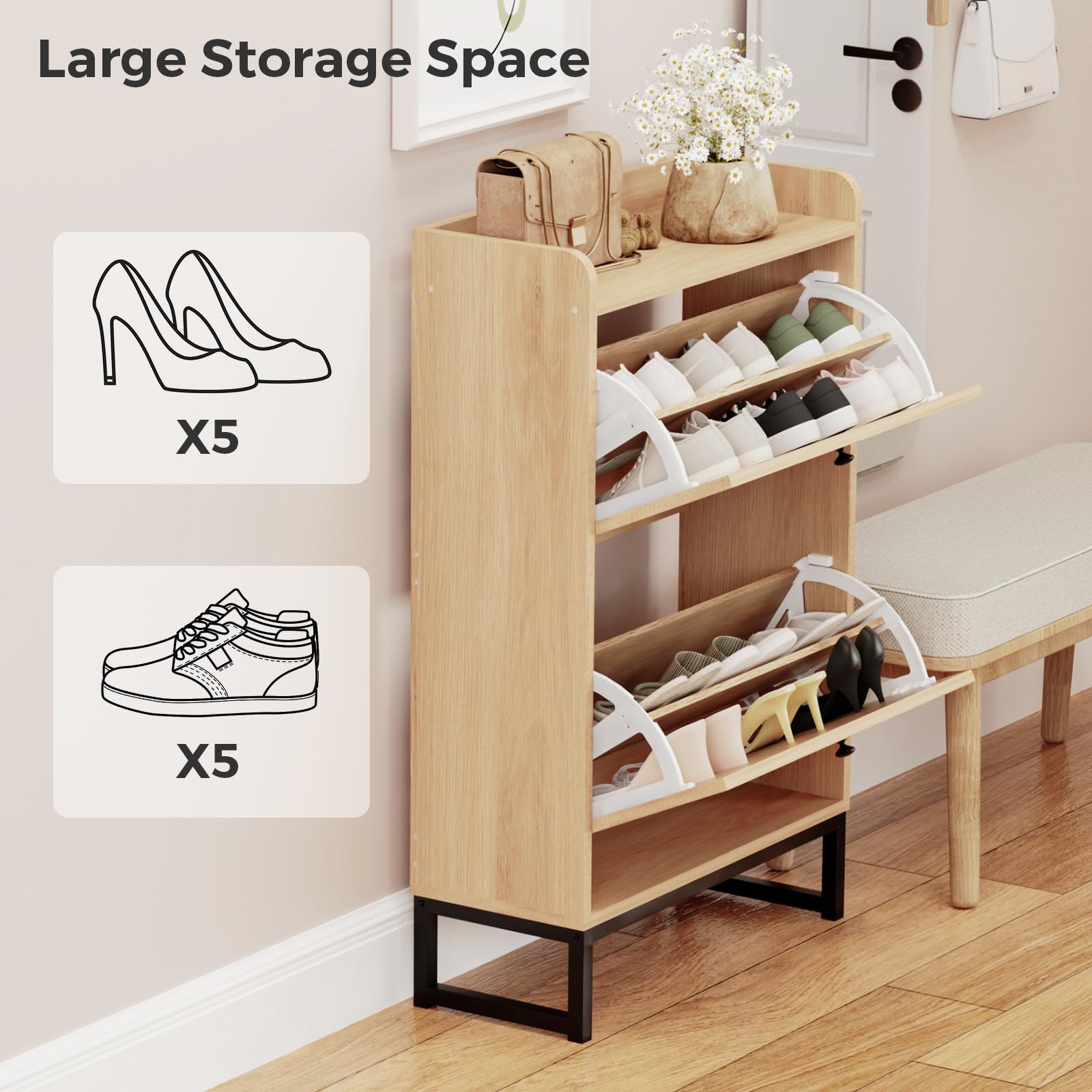 Premium KFO Shoe Cabinet with 2 Handmade Natural Rattan Flip Drawers - Entryway Shoe Storage Organizer for Sneakers, Leather Shoes & Slippers | Free Standing Shoe Rack for Hallway, Bedroom & Closet Organization