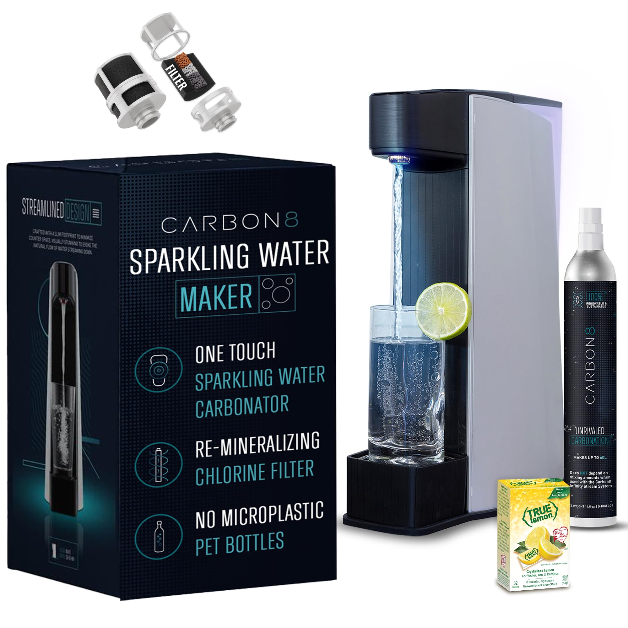 Carbon8 Sparkling Water Maker Machine - Home Soda Maker with Screw-In CO2 Carbonator, Countertop Mineral Water Dispenser for Sparkling & Seltzer Water (Includes CO2 Cylinder, Aluminum) - Perfect for Kitchen, Office & Home Bar Use