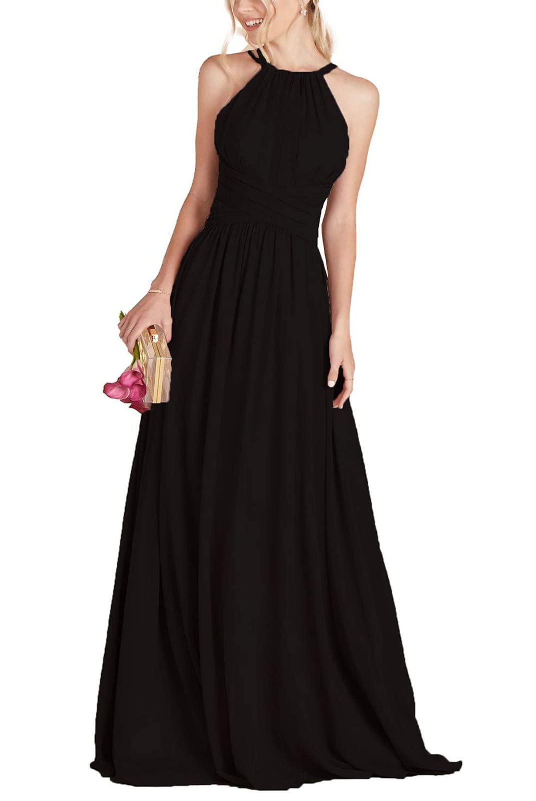 PrettyTatum Women's Elegant Halter Neck Bridesmaid Dress - Long Formal Prom Gown with A-Line Pleated Chiffon Skirt for Weddings, Parties & Special Occasions
