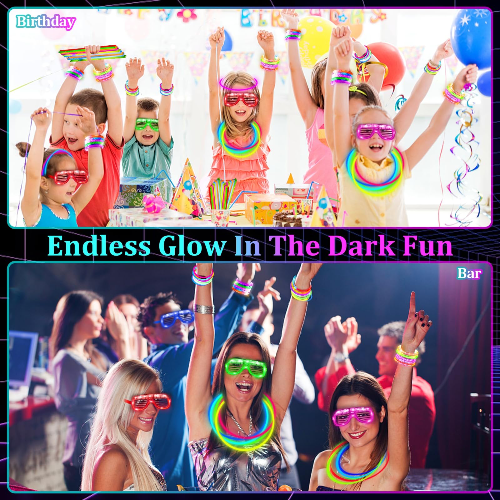 TURNMEON 148-Piece Glow in the Dark Party Kit - 24 LED Glasses, 24 Flashing Bracelets & 100 Glow Sticks Bulk - Perfect for Kids & Adults Birthday, Wedding, Carnival & Concert Night Events