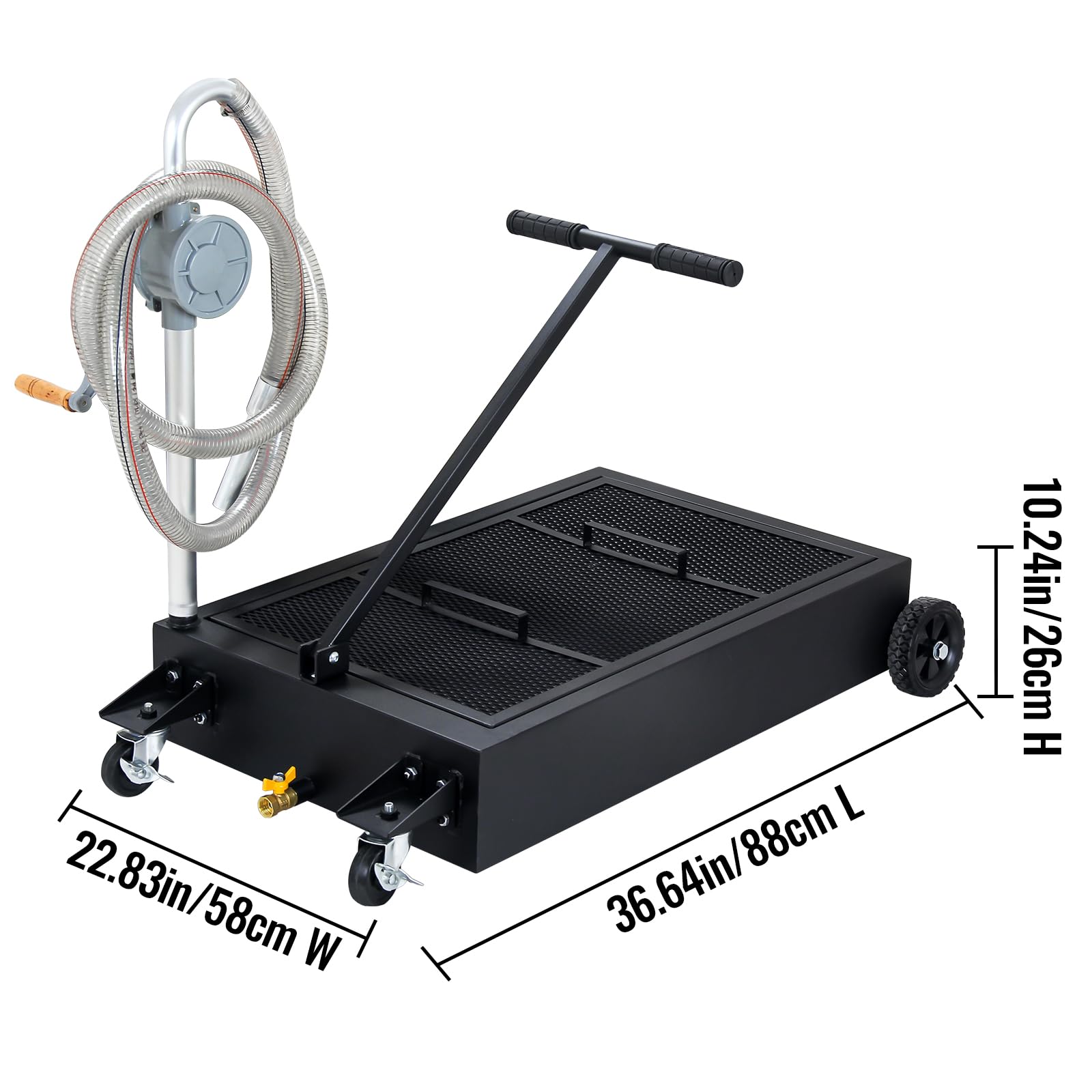 20 Gallon Low Profile Oil Drain Pan with Hand Pump, Hose & Swivel Casters - Heavy Duty Oil Change Tank for Cars, SUVs & Trucks - Foldable Handle for Easy Storage - Perfect for DIY Garage Maintenance & Professional Auto Repair Shops (Black)