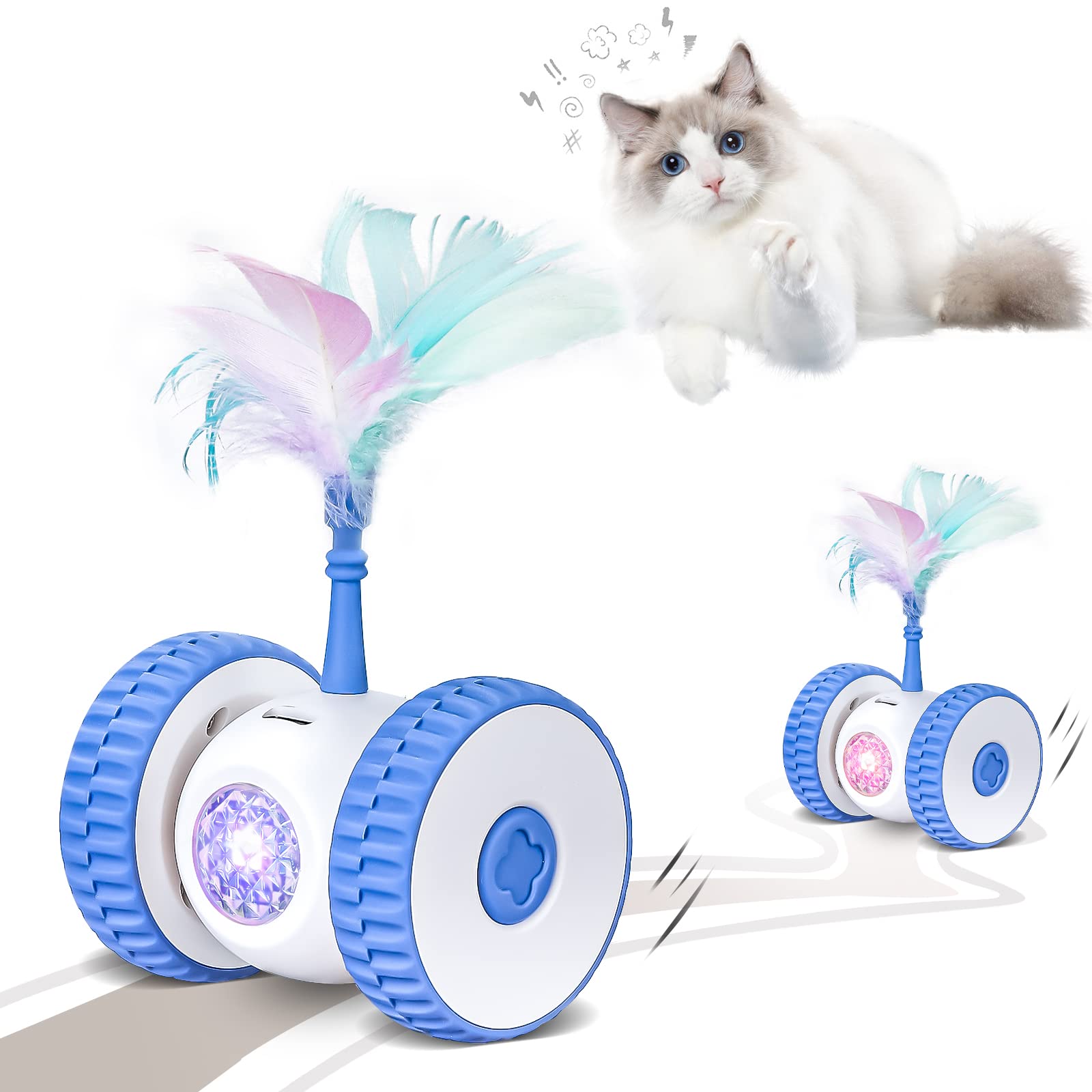 PTYR Automatic Interactive Cat Toys with LED Lights & Feathers - USB Rechargeable Electric Kitten Toy for Indoor Cats | Durable Wheels & Auto On/Off | Perfect for Playtime & Exercise