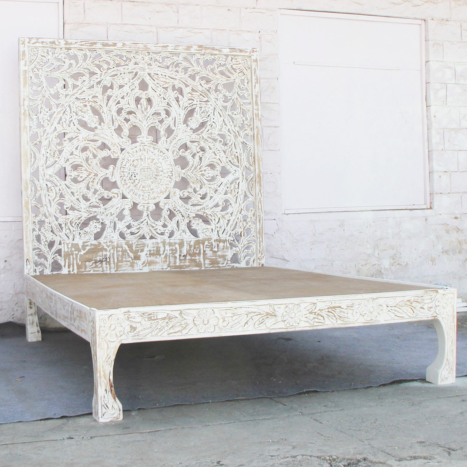 Hand Carved Indian Solid Wooden Nadia Bed Frame in White | Dynasty Furniture | Perfect for Master Bedroom, Guest Room & Modern Home Decor