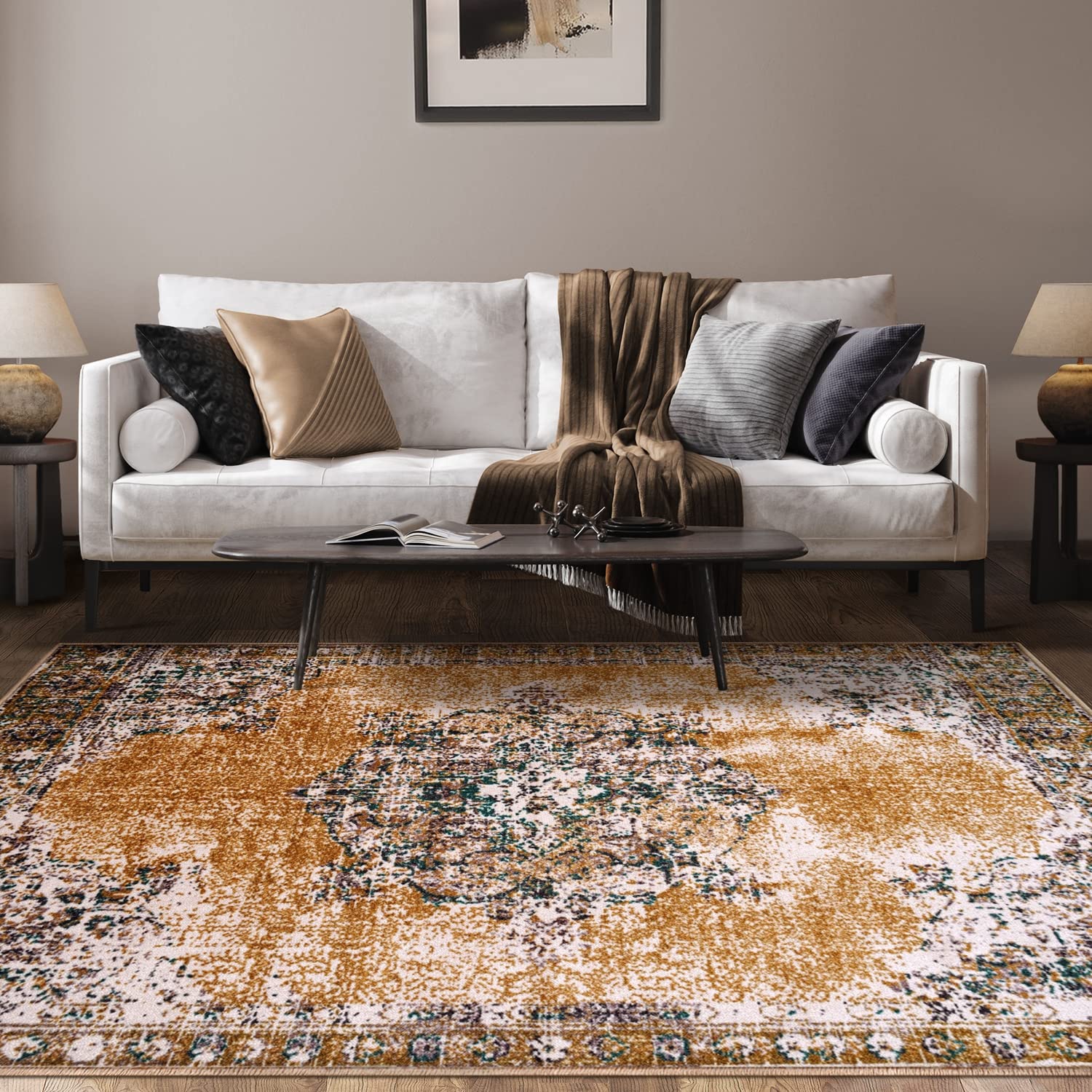 BNM Machine Washable Large Area Rug 8' x 10' - Soft Nylon Floor Decor for Kitchen, Office, Bedroom, Living & Dining Room - Ivory Classic Medallion Indoor Rug - Perfect for High Traffic Areas & Cozy Home Decor