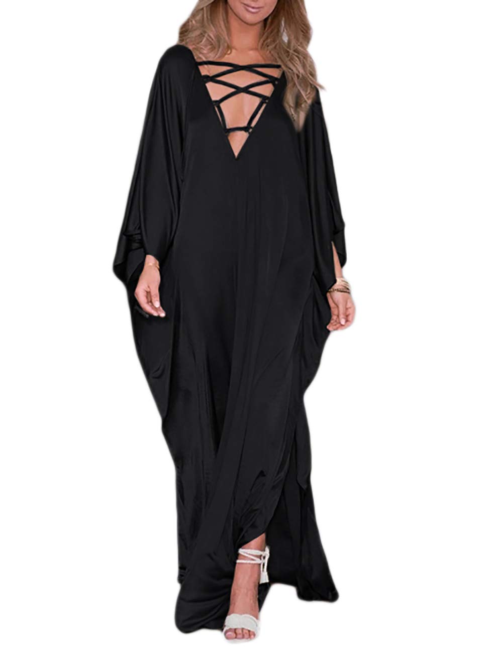 Bsubseach 2025 Long Kaftan Dresses for Women - Plus Size V Neck Vintage Muumuu Caftan Coverup - Sexy Satin Maxi Dress for Beach, Party & Special Occasions