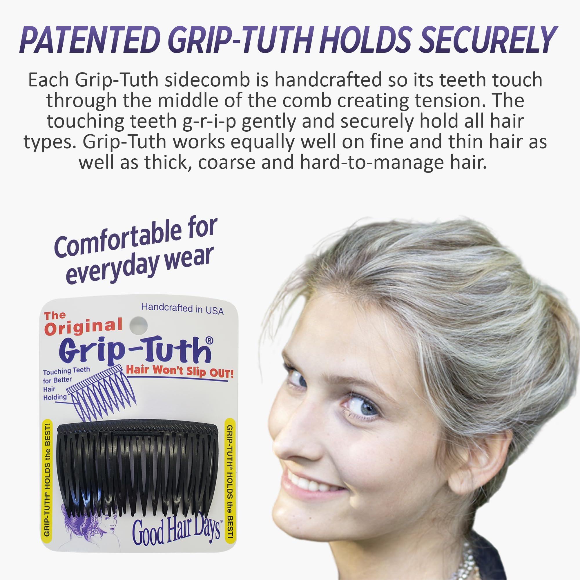 Good Hair Days 2.75 Inch Grip-Tuth Comb - Black - 2 Pack for Styling, Detangling & Travel - Perfect for Salons, Home Use & On-the-Go