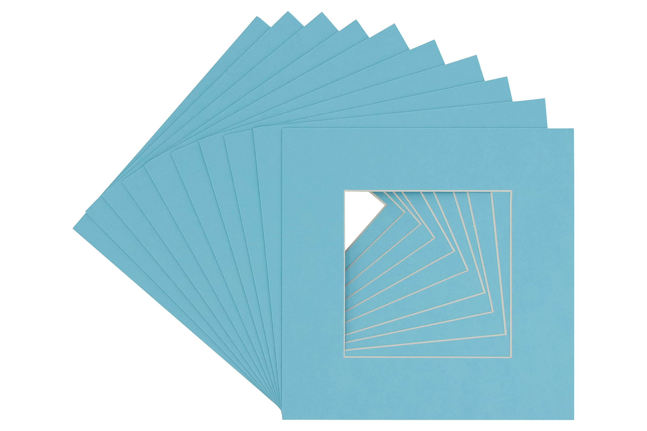 16x16 Inch Acid-Free Precut Aqua Blue Picture Matboard - Bevel Cut Display Mat for 12x12 Photos - Pack of 10 with Backing Boards & Clear Bags - Perfect for Framing Artwork, Scrapbooking, and Photo Displays
