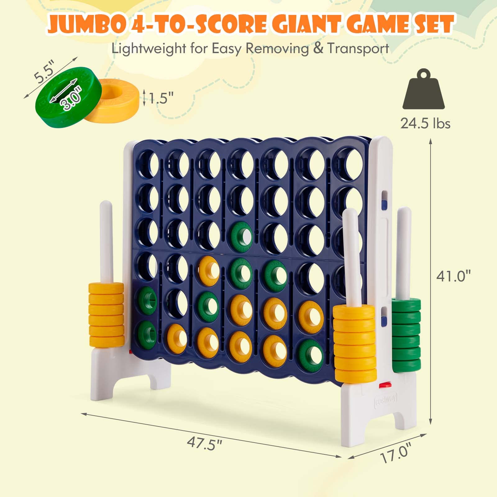 HONEY JOY Jumbo 4-to-Score Giant Game Set - Outdoor Yard Games for Family & Friends with 42 Jumbo Rings & Quick-Release Slider | 3.5FT Tall Giant 4-in-a-Row Game for Kids & Adults | Perfect for Backyard Parties, Picnics, and Outdoor Gatherings