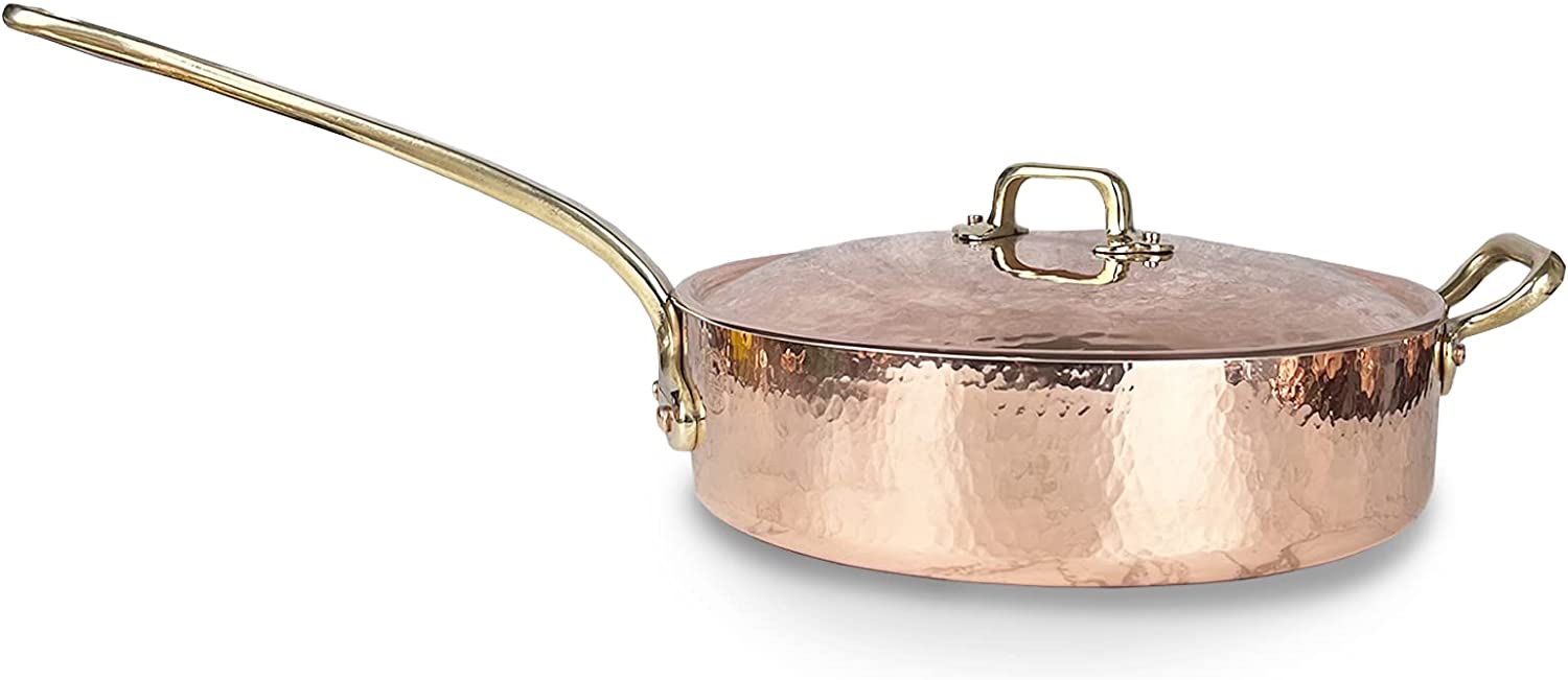 Vintage Inspired Large Copper Saute Pan with Lid - Authentic Hammered Copper & Brass, Tin Lined - 3.75 Quart Italian Cookware for Professional Chefs & Home Cooking