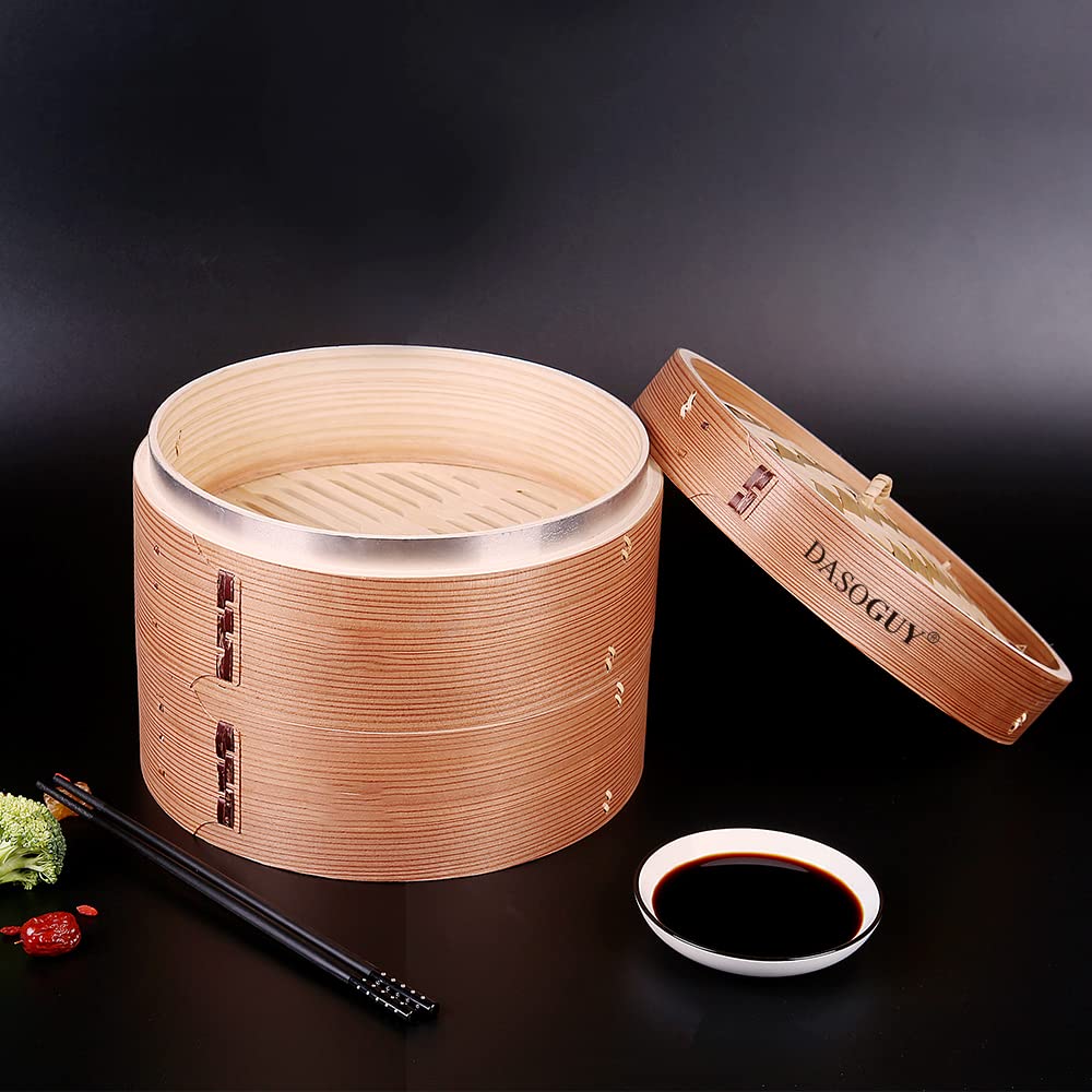 11.8 Inch Handmade Bamboo Steamer with Stainless Steel Rings - 3 Tier Stackable Dim Sum Basket for Dumplings, Buns & Rice - Includes Chopsticks & Cotton Liners - Perfect for Asian Cooking, Meal Prep & Party Serving