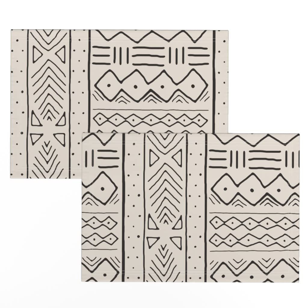 Premium Linen Cotton Canvas Placemats Set of 2 - Black African Mudcloth Tribal Print Table Mats for Dining Room Decor | Washable & Durable for Everyday Use, Dinner Parties, and Home Styling