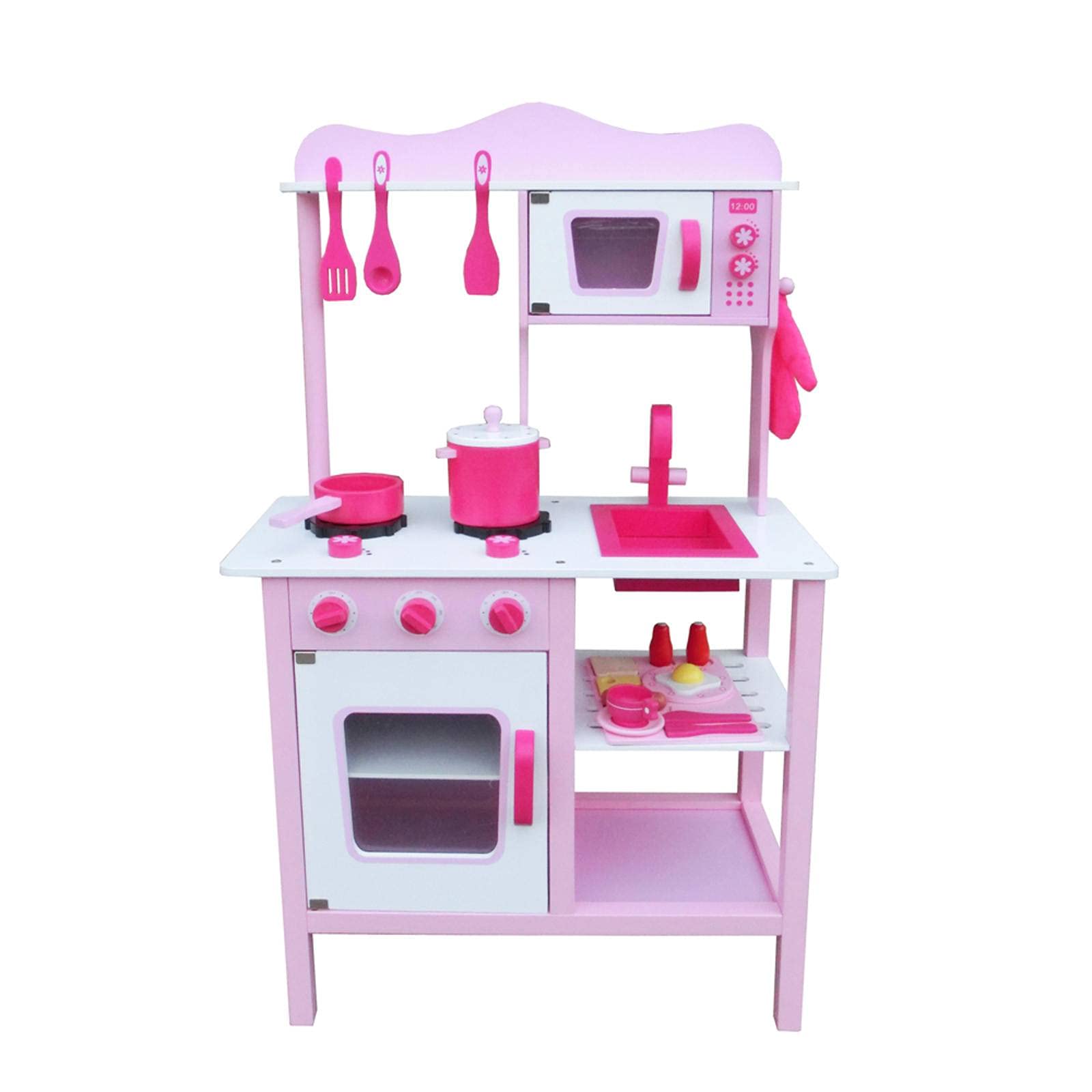 NC Kids Pretend Play Wooden Kitchen Set - Pink Cooking Toy for Girls with Realistic Food Accessories | Perfect for Imaginative Play, Role Play & Early Learning