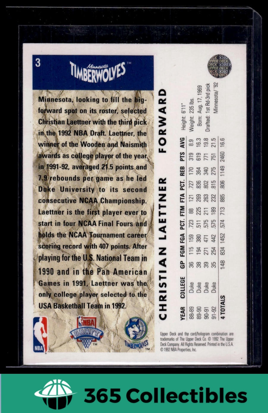 1992-93 Upper Deck Christian Laettner #3 Basketball Card - Minnesota Timberwolves Rookie - Collectible NBA Memorabilia for Sports Fans and Card Collectors - Perfect for Display, Trading, and Investment