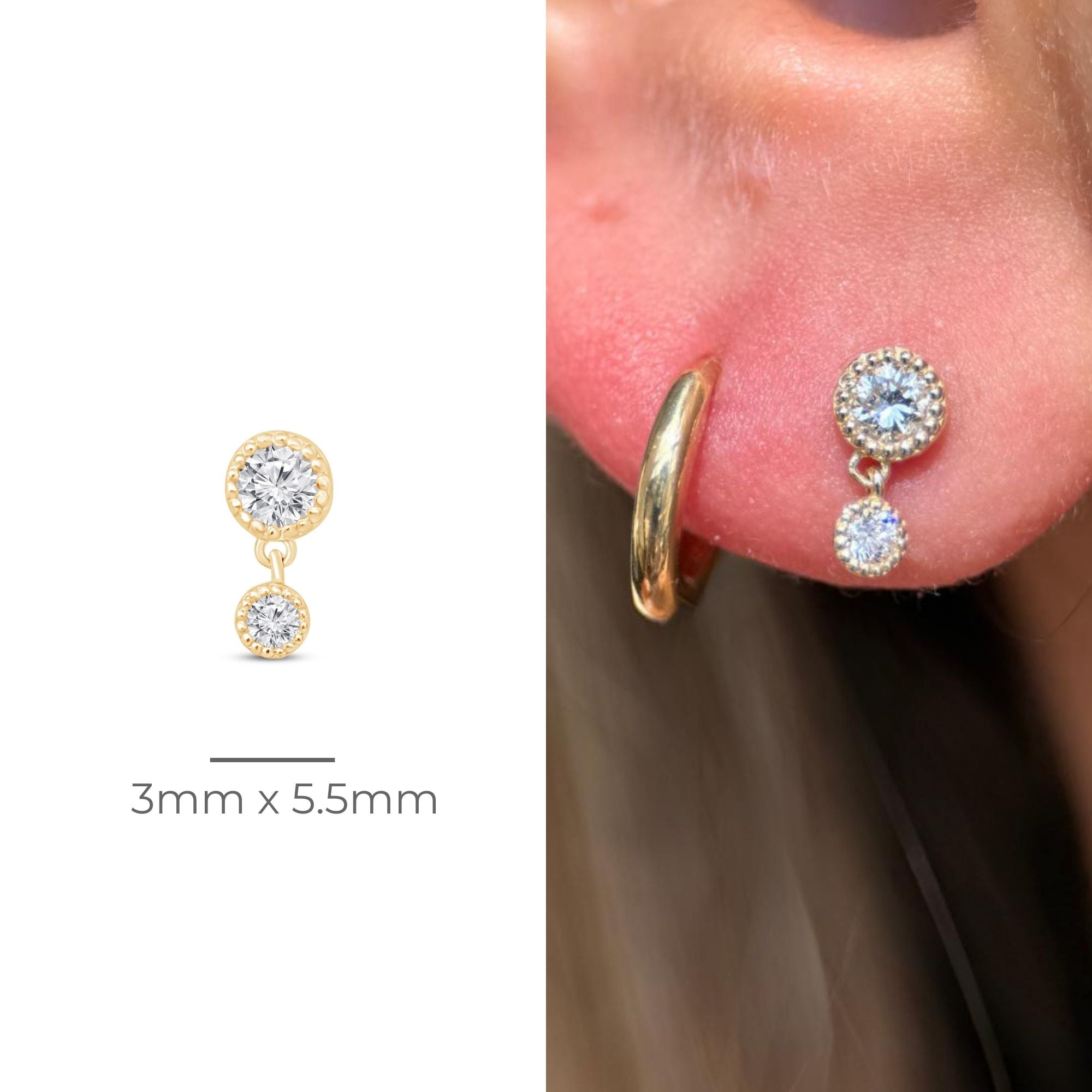 14K Solid Yellow Gold Double Diamond Drop Flat Back Stud Earrings for Women - Perfect for Everyday Wear, Parties & Special Occasions