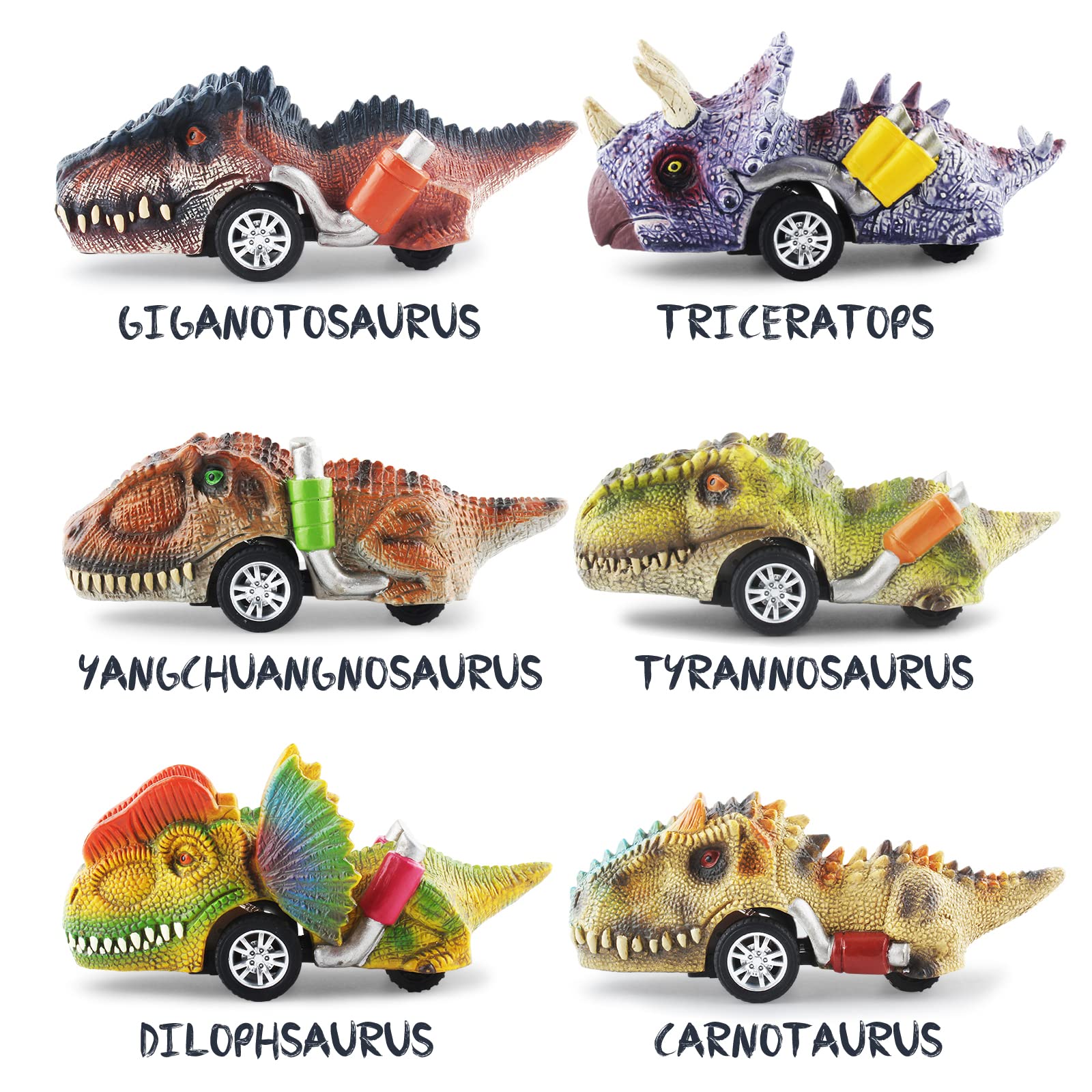 DINOBROS Pull Back Dinosaur Toy Cars - 6 Pack Dino Toys for Kids Ages 3-7 | Fun Educational Gifts for Boys & Girls | Perfect for Birthday Presents, Playtime & STEM Learning