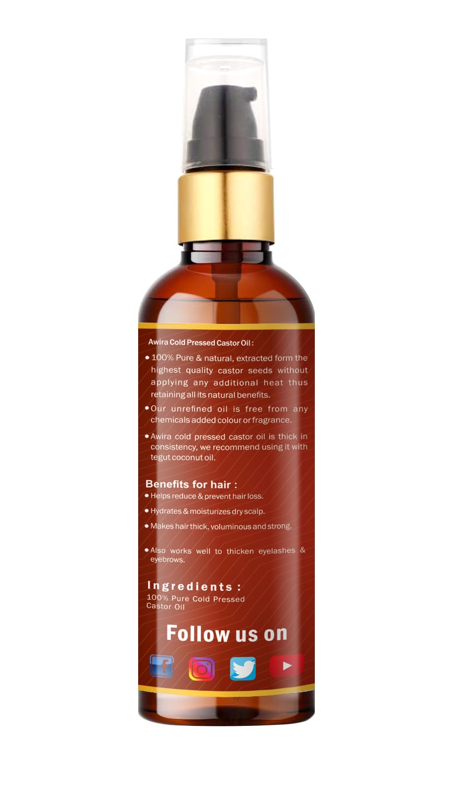 Awira Cold Pressed 100% Pure Virgin Castor Oil for Skin & Hair Care - 100ml | Promotes Hair Growth, Moisturizes Skin | Perfect for DIY Beauty & Natural Remedies
