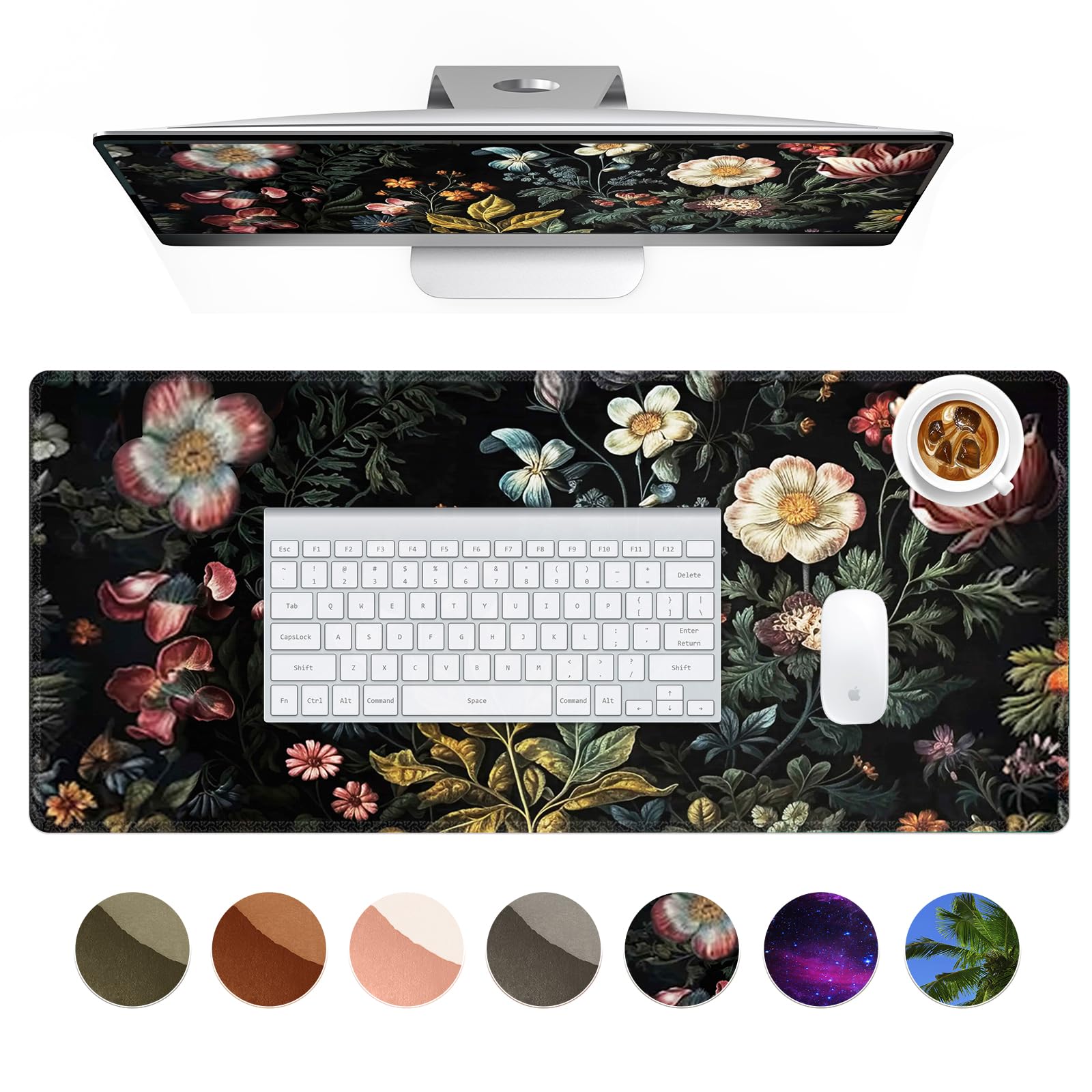 HAOCOO Floral Desk Pad Mat - Extra Large Non-Slip Mouse Pad & Keyboard Mat for Gaming and Office Use, Black Floral Design - Perfect for Computer Desks, Workstations, and Home Office Setups
