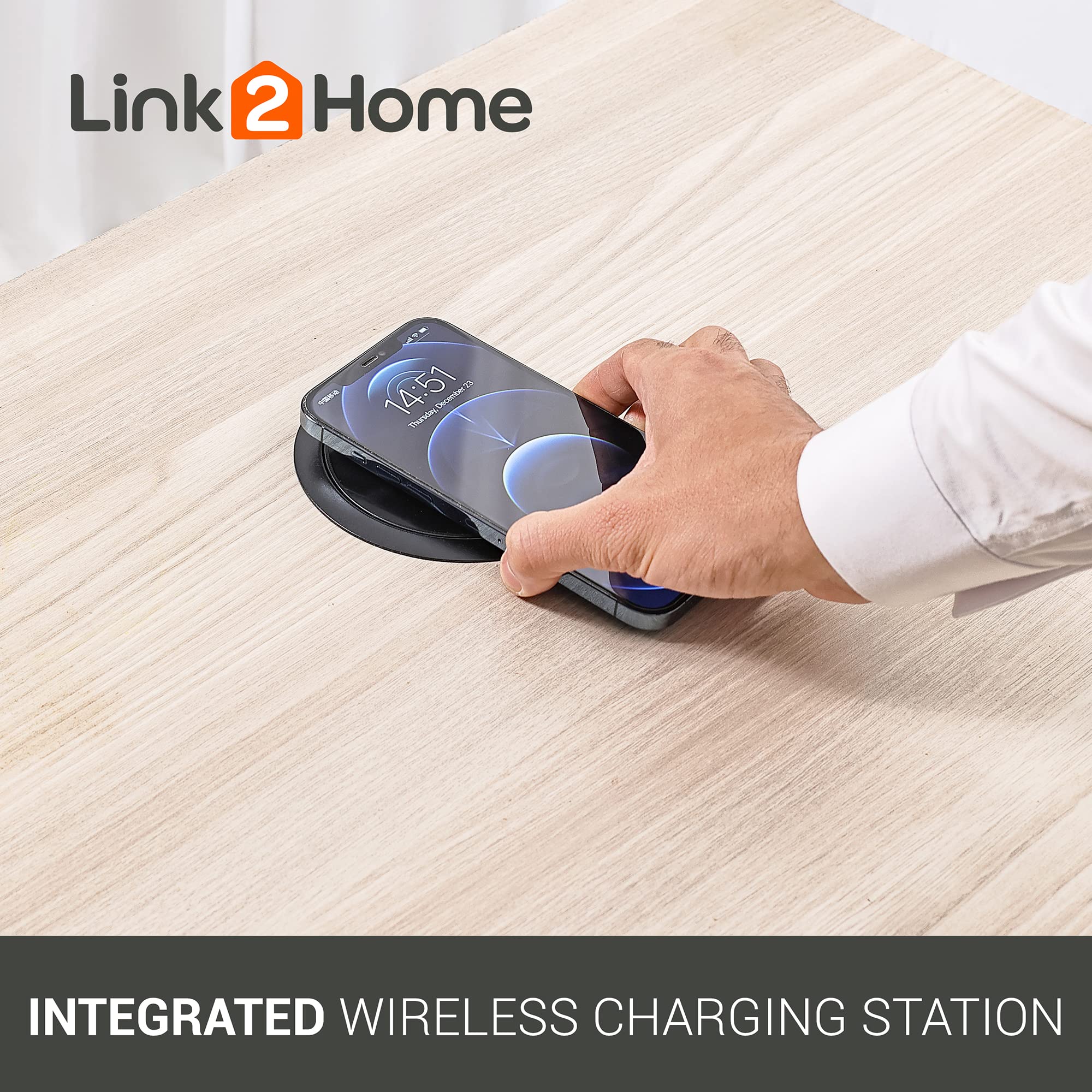 Link2Home Automatic Pop Up 10W Wireless Charging Station with 2 Power Outlets (15A) & 2 USB Ports (3.4A) - Splash Resistant, Black Anodized Finish - Perfect for Kitchen Counter, Office Desk, Workshop & Home Use