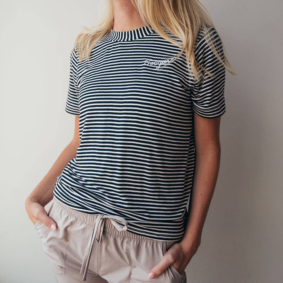 BYU Boyfriend T-Shirt - Black and Ivory Striped Cotton Tee for Women - Casual Loungewear & Everyday Outfits