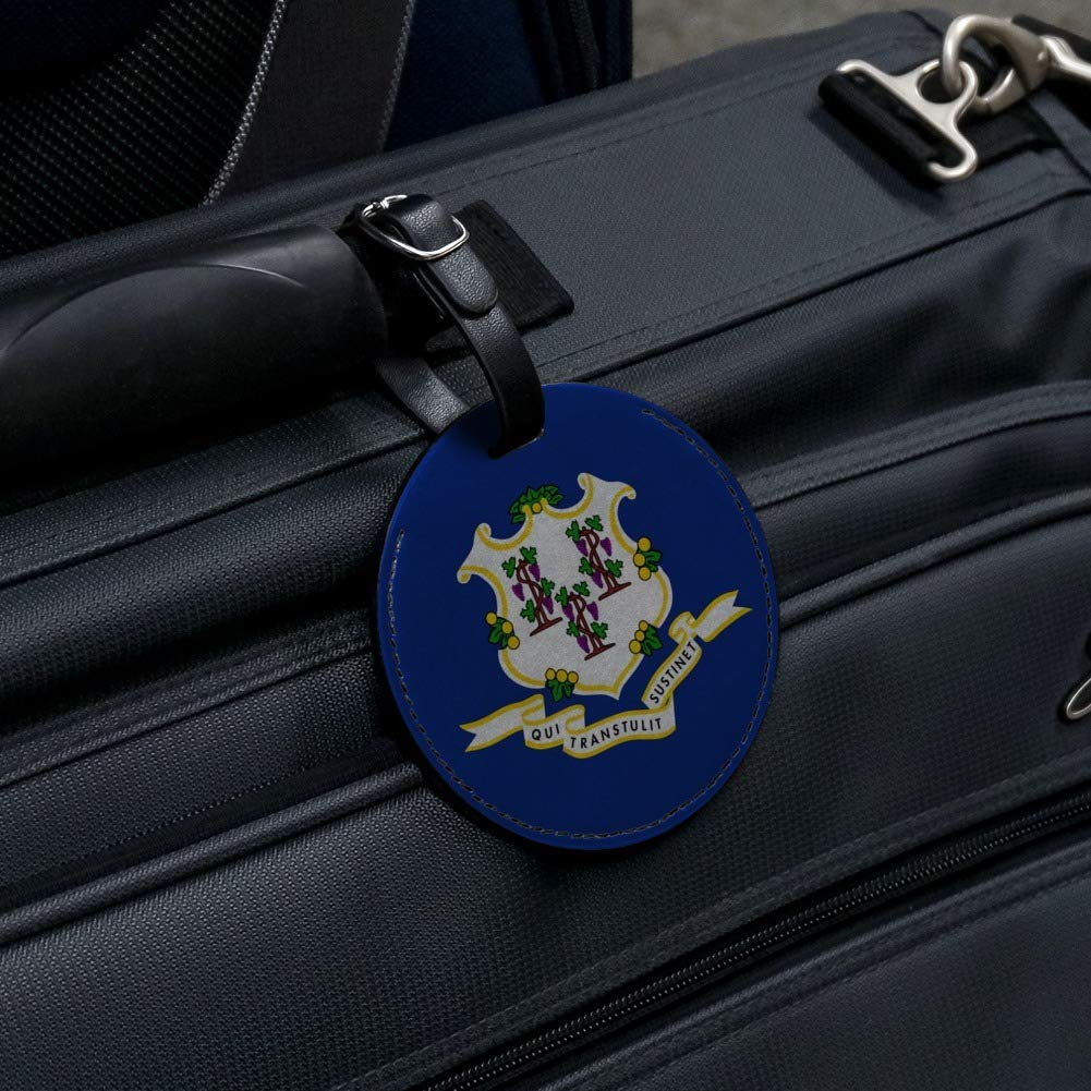 Connecticut State Flag Round Leather Luggage Tag - Personalized Suitcase ID Tag for Travel Bags, Carry-Ons & Backpacks | Perfect for Travel Identification & Gift Giving