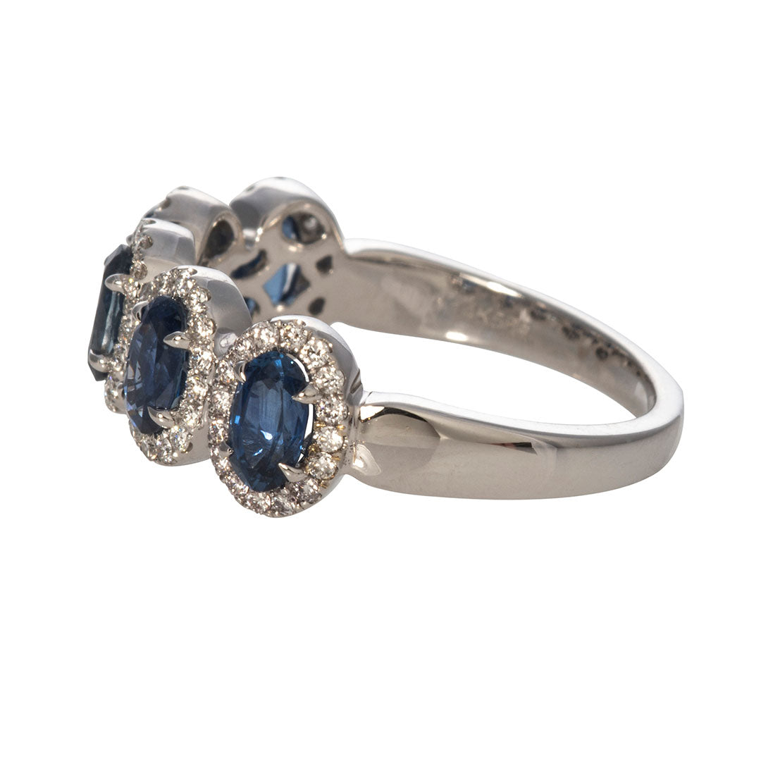 14K White Gold Five Stone Oval Sapphire & Diamond Halo Ring for Women - Elegant Engagement, Wedding, Anniversary Gift for Her
