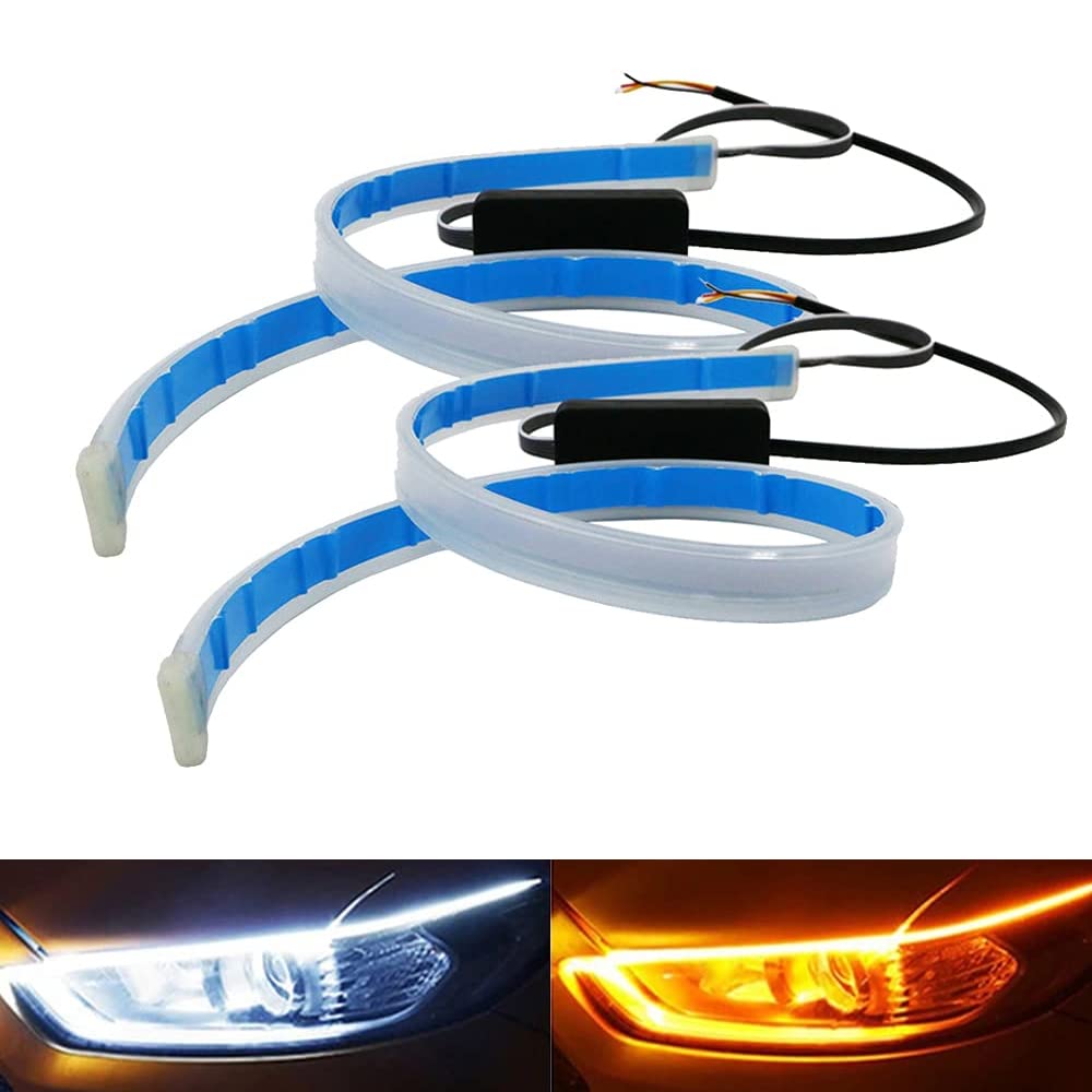 30cm/45cm/60cm LED Headlight Strip Tube Light - Flexible Dual Color White & Amber Daytime Running Light - Waterproof DRL Neon Lights with Turn Signal & Sequential Switchback - Perfect for Cars, Trucks, Motorcycles & Off-Road Vehicles