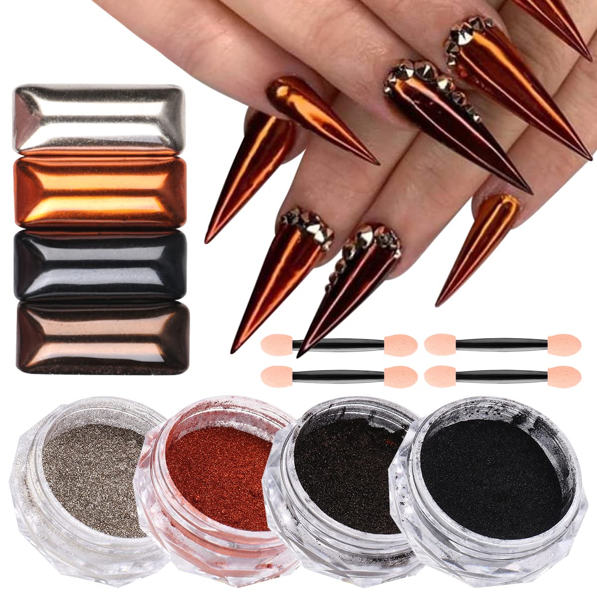 4 Jars Holographic Chrome Nail Powder Set - Silver, Copper, Black, Brown Metallic Mirror Effect Glitter Pigment for Gel Nails | Professional Manicure Art Design & Nail Decoration Tools Included | Perfect for Salon, Home DIY, Parties & Special Occasions
