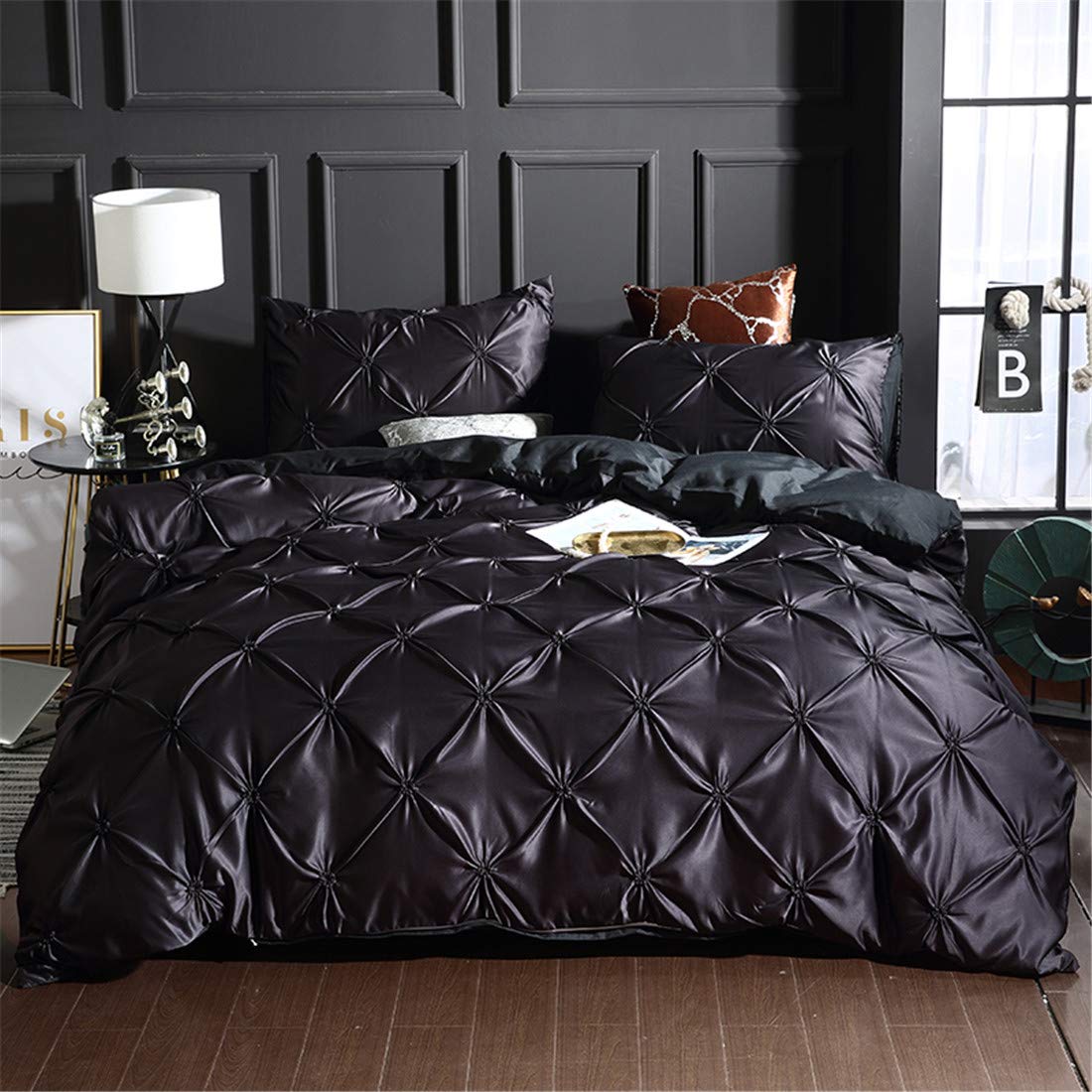 Erosebridal Luxury Pinch Pleated Duvet Cover Set - Black King Size Satin-Like Microfiber Bedding with Zipper Closure & Ruffle Design | Pintuck Decorative Comforter Cover for Master Bedroom, Guest Room & Hotel Decor