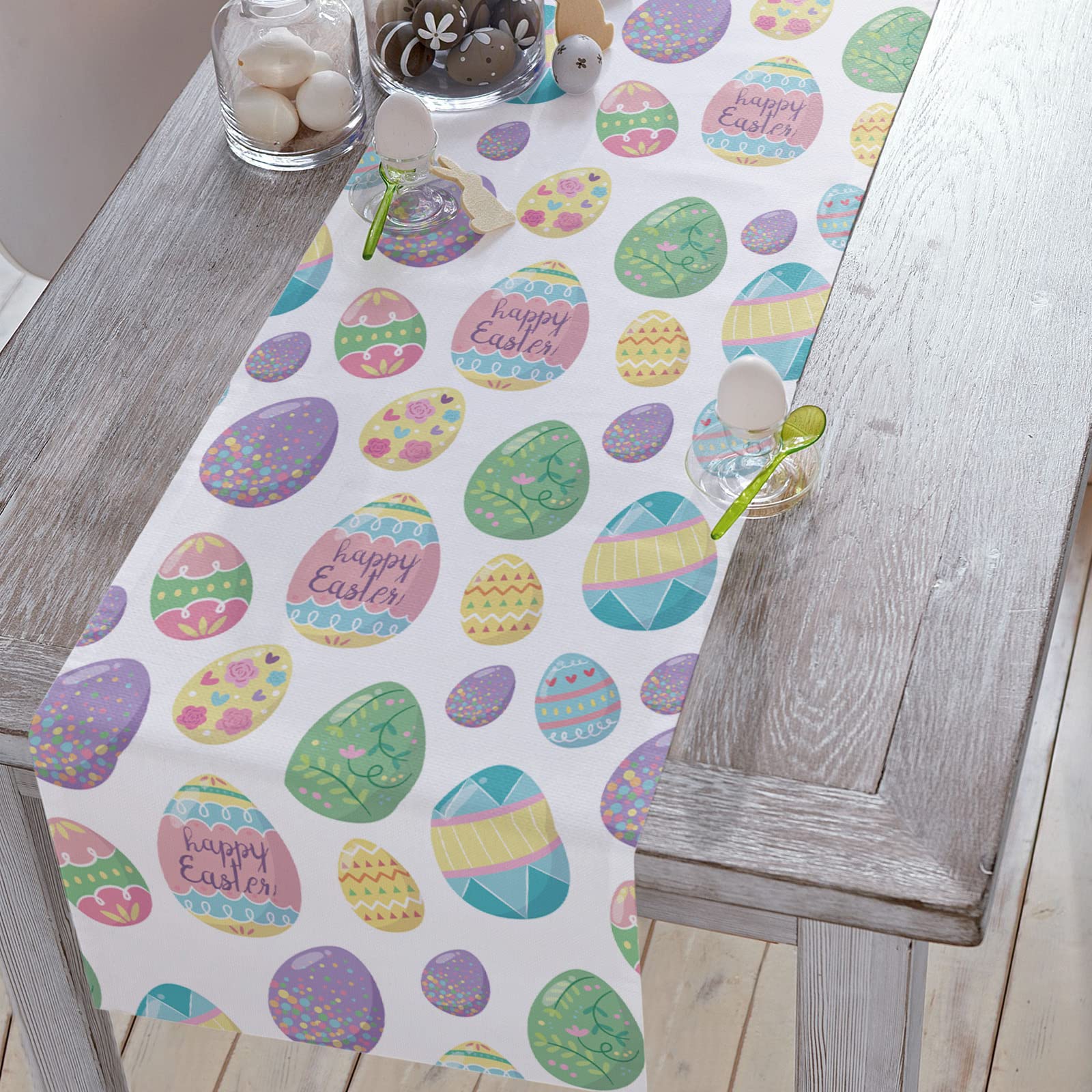 Easter Table Runner 13x90 Inch - Waterproof Spring Tablecloth with Easter Egg Design for Holiday Party, Home Kitchen & Dining Room Decor - Perfect for Easter Celebrations, Brunch Gatherings and Seasonal Home Styling
