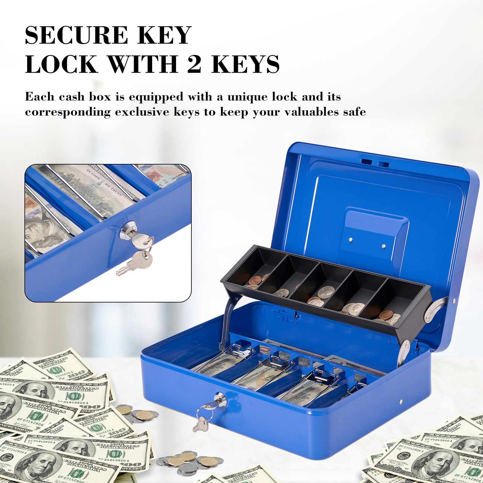 Large Cash Box with Key Lock - Durable Money Saving Organizer with 4 Bill & 5 Coin Slots, Cantilever Design - XL Locking Safe Box for Home, Office, Retail Store (Blue)