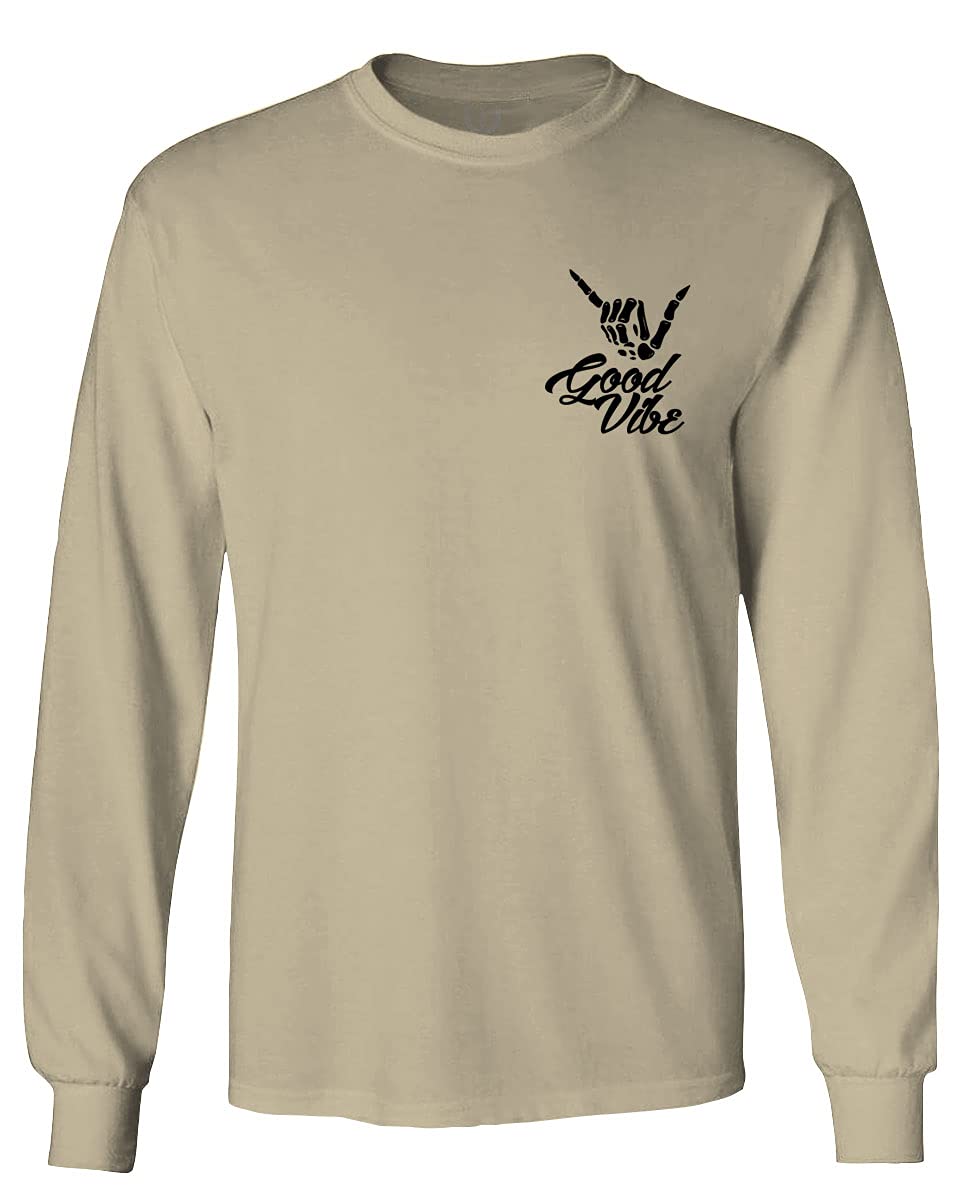 Black Good Vibe Bones Hand Shaka Cool Vintage Hipster Graphic Long Sleeve Men's T-Shirt - Retro Surf Style for Beach, Music Festivals & Casual Streetwear