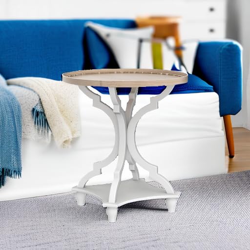 Wnutrees Farmhouse Round Accent End Table Set of 2 - Rustic Wood Side Table & Nightstand with Tray Top, Handcrafted White Finish - Perfect for Living Room, Bedroom & Cozy Home Decor