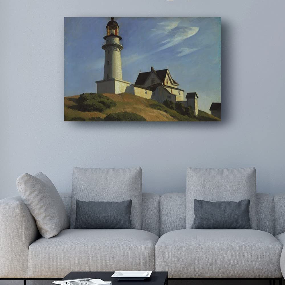 Edward Hopper Lighthouse At Two Lights Art Print - Framed Canvas Wall Decor for Living Room, Bedroom, Office - Modern New Realism Painting - Oil Giclee Print (36x24 inches, 90x60 cm) - Perfect for Coastal, Nautical & Home Interior Design