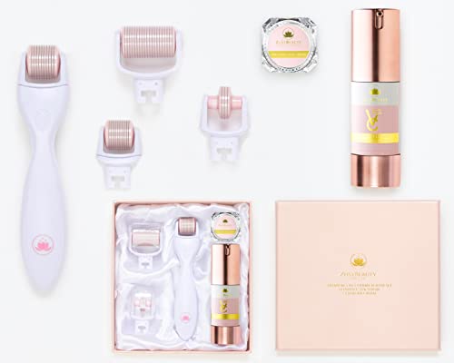 ZustBeauty 3-in-1 Derma Roller Kit with 0.3mm Titanium Needles - Vitamin C Serum & Collagen Cream for Face, Eyes & Body - Anti-Aging Skincare Set for Wrinkles, Acne Scars & Hydration - Perfect for Home Facial Treatments & Skin Rejuvenation