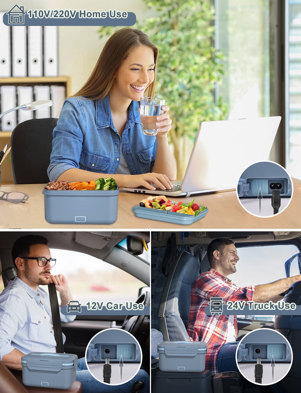 Monteka 100W Electric Lunch Box Food Warmer - Portable Heated Lunch Container for Adults with 1.8L Removable Stainless Steel Inner Pot (12V/24V/110V/220V) - Perfect for Office, Car, Travel & Home Use - Blue