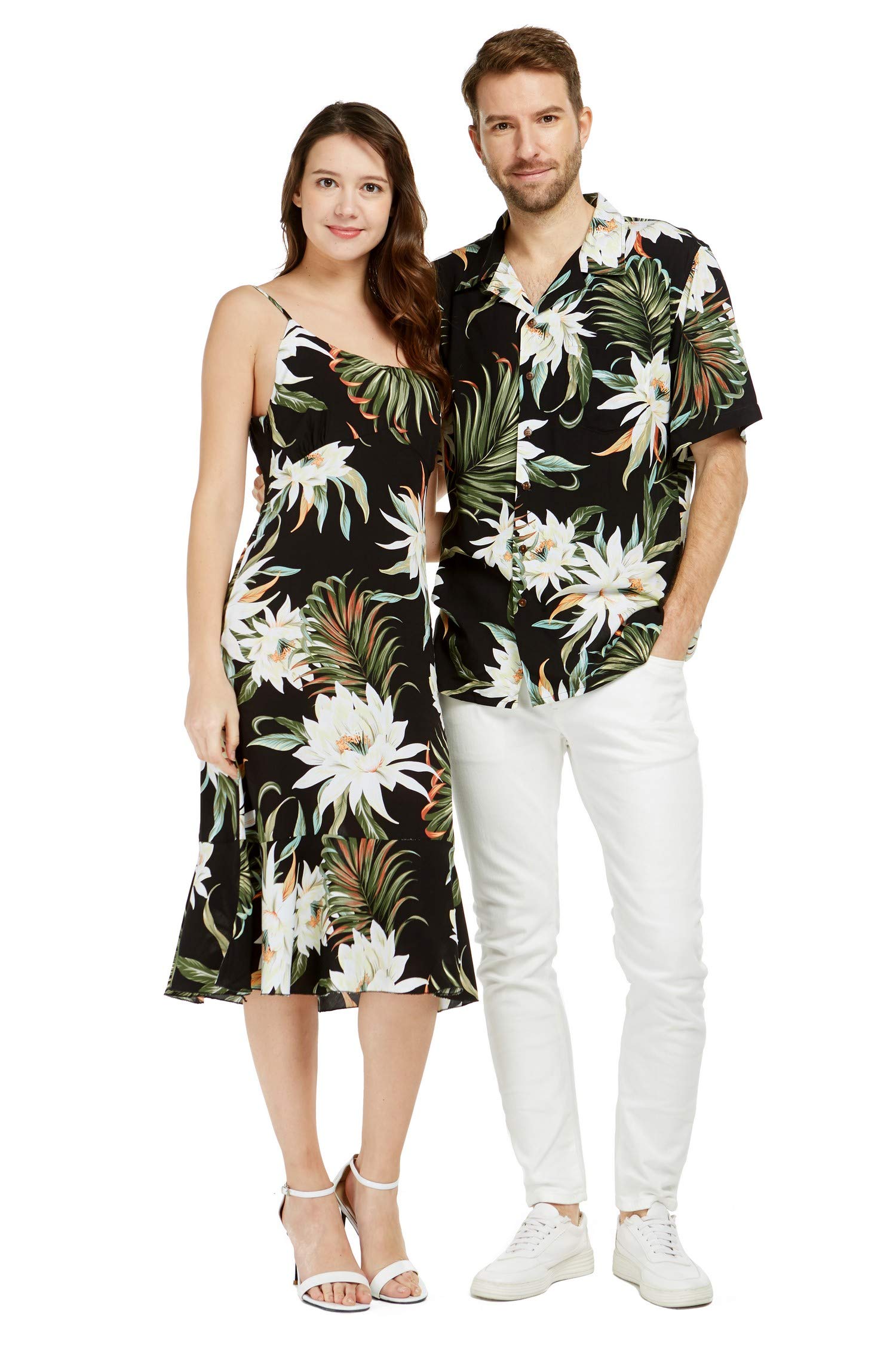 Hawaiian Couple Matching Outfit - Luau Shirt & Mermaid Ruffle Dress Set in Wispy Cereus Black | Tropical Beach Vacation, Summer Party, Hawaiian Theme Date Night Outfits