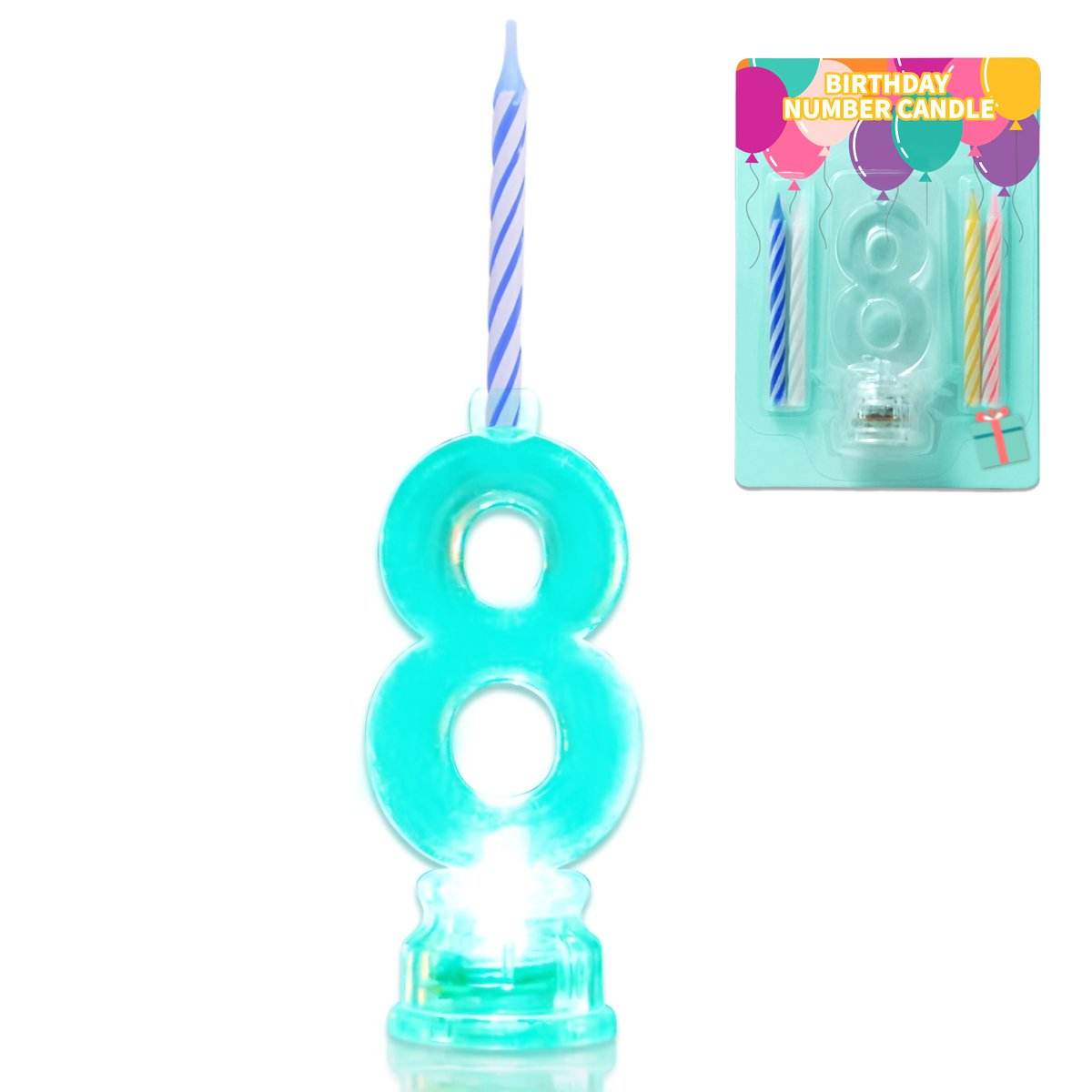 Flashing Multicolor LED Birthday Number 8 Candle Set - 4 Wax Candles & Color Changing Cake Topper for Birthday Parties, Anniversaries, and Celebrations