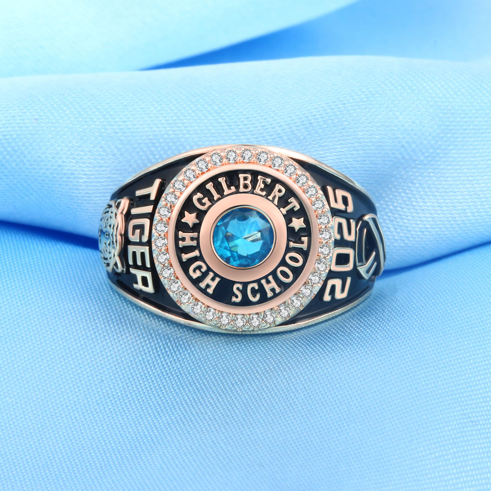 Personalized Custom Class Rings for Women - Birthstone Graduation Rings in Rose Gold Plated (Size 5-15) | High School & College Jewelry Gift for Her - Perfect for Commencement, Yearbook Photos & Alumni Events