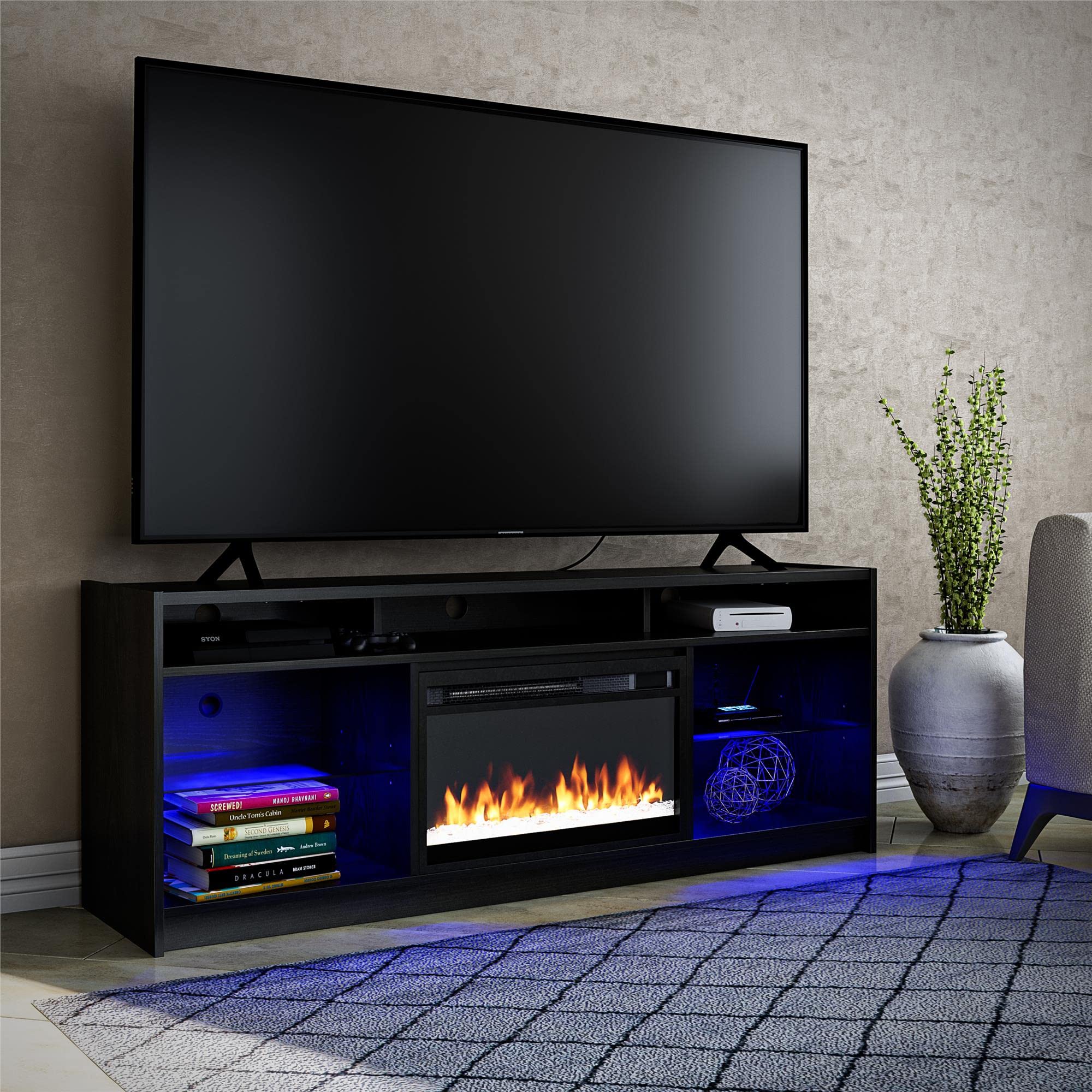 Ameriwood Home Luna 65-Inch Fireplace TV Stand with Electric Heater Insert - Remote Control, Timer, Color-Changing LED Lights & Crystal Ember Flames - Black Oak Finish for Living Room & Home Theater Setup