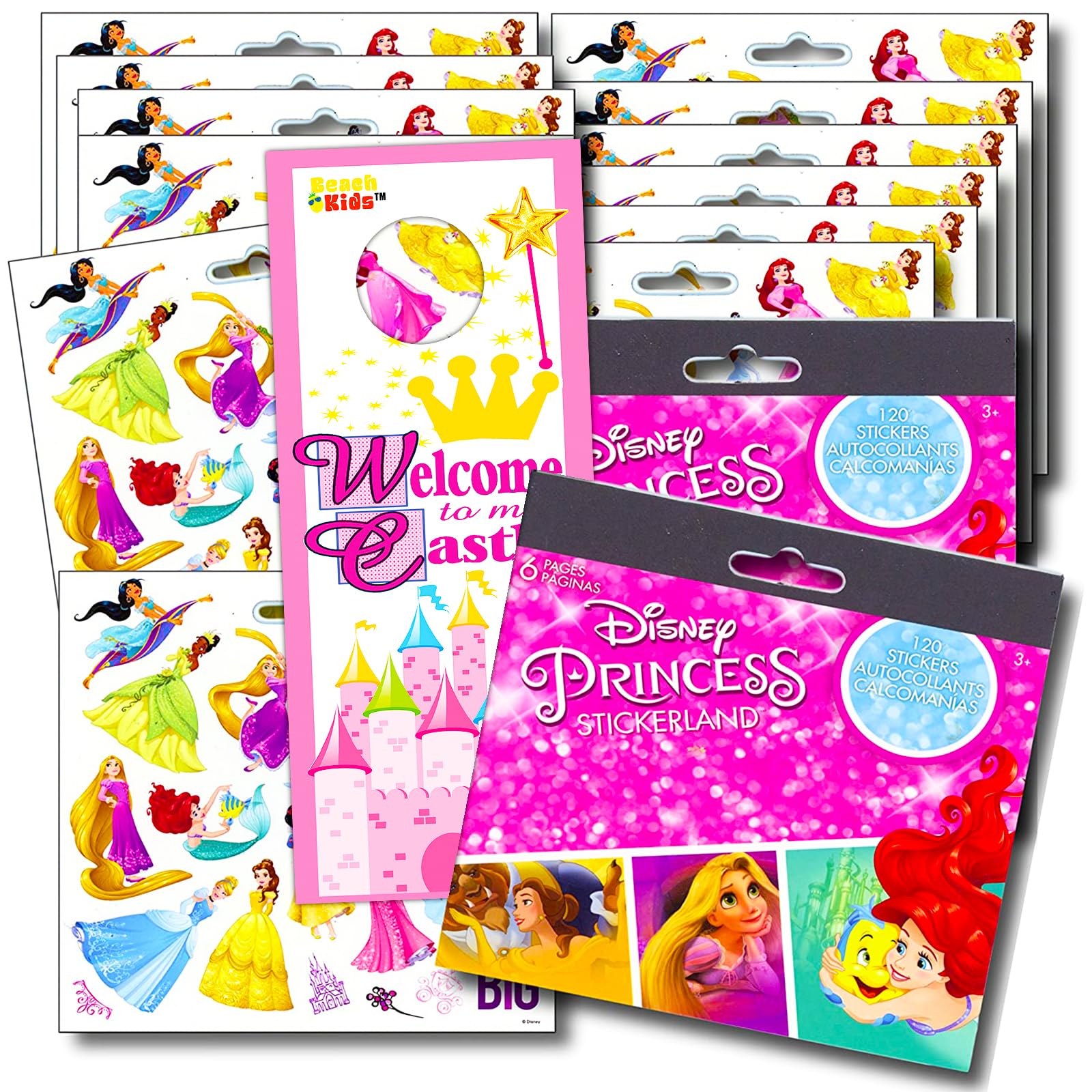 Disney Princess Stickers for Kids - 12 Sheets with 240+ Stickers & Princess Castle Door Hanger - Perfect for Birthday Party Favors, Scrapbooking, and Classroom Rewards