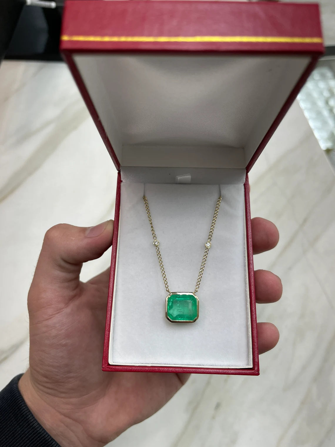 8.35tcw Large Colombian Emerald Cut Solitaire Statement Necklace in 14K Gold - Elegant Jewelry for Weddings, Parties & Special Occasions