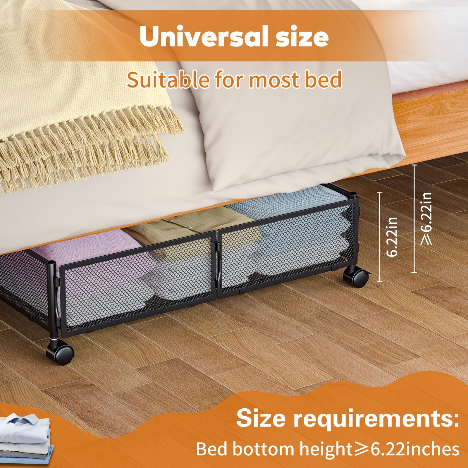 Under Bed Storage with Wheels - 2 Pack Rolling Under Bed Storage Containers for Shoes, Clothes & Blankets | Space Saving Bedroom Organizer for Seasonal Clothing & Extra Linens