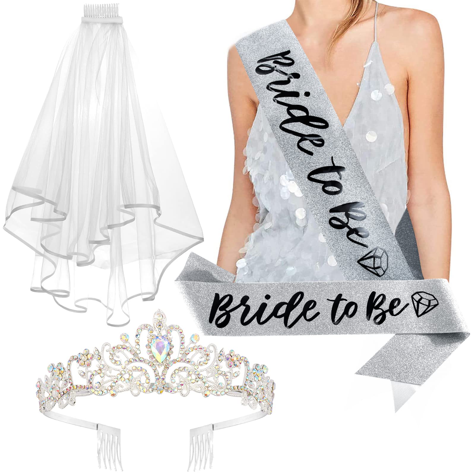 Crystal Crown & Bride to Be Sash with Veil Set - Bachelorette Party Favors, Bridal Shower Decorations & Wedding Gifts for Bride to Be | Perfect for Bachelorette Parties, Bridal Showers & Engagement Celebrations