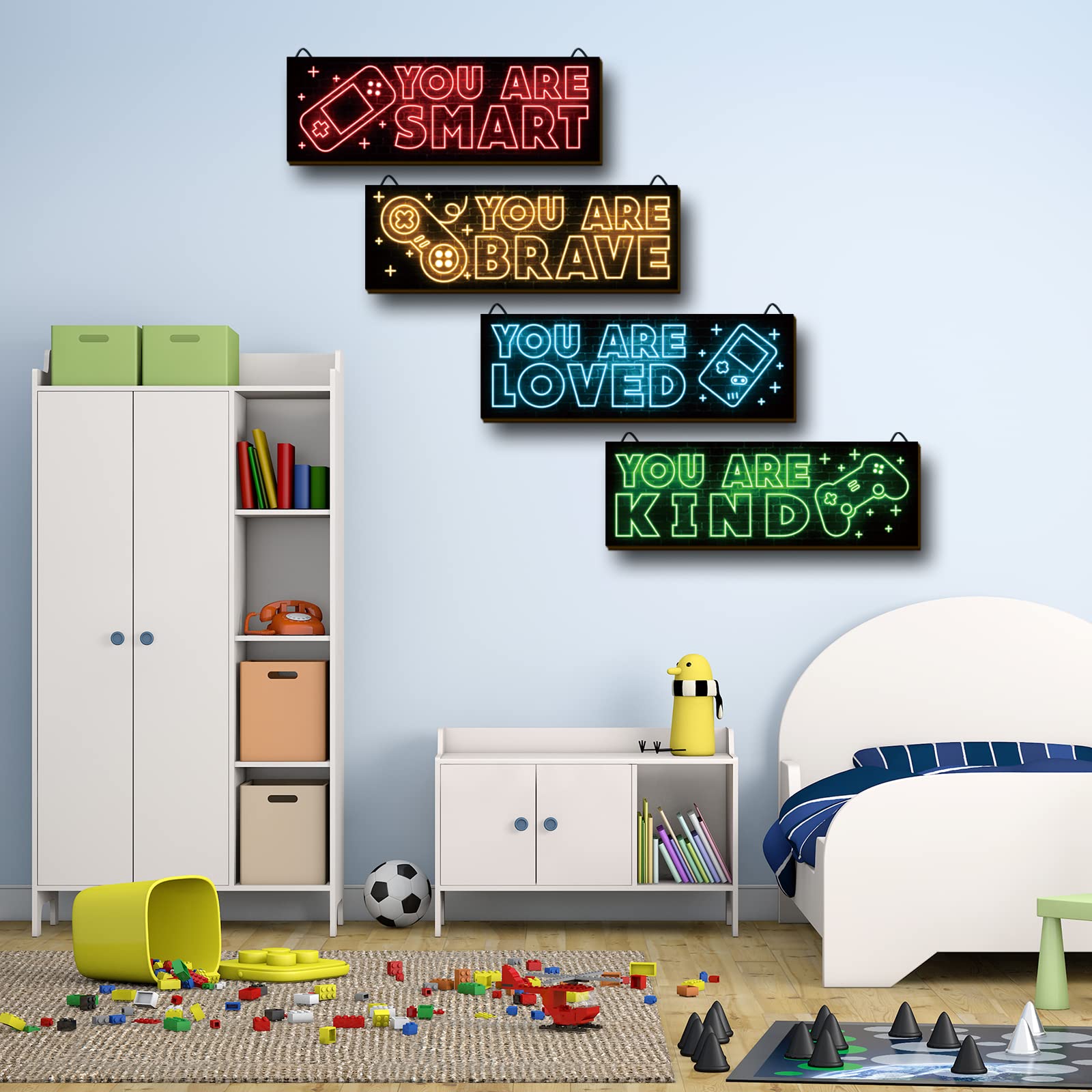 YLOLUL 4-Piece Neon Game Art Prints - Wood Wall Decor for Boys Room & Gamer Themed Bedroom - Inspirational Quote Wall Art - Modern Home Decor (12x4 Inches, Red) - Perfect for Gaming Rooms, Teen Bedrooms & Man Cave Decor