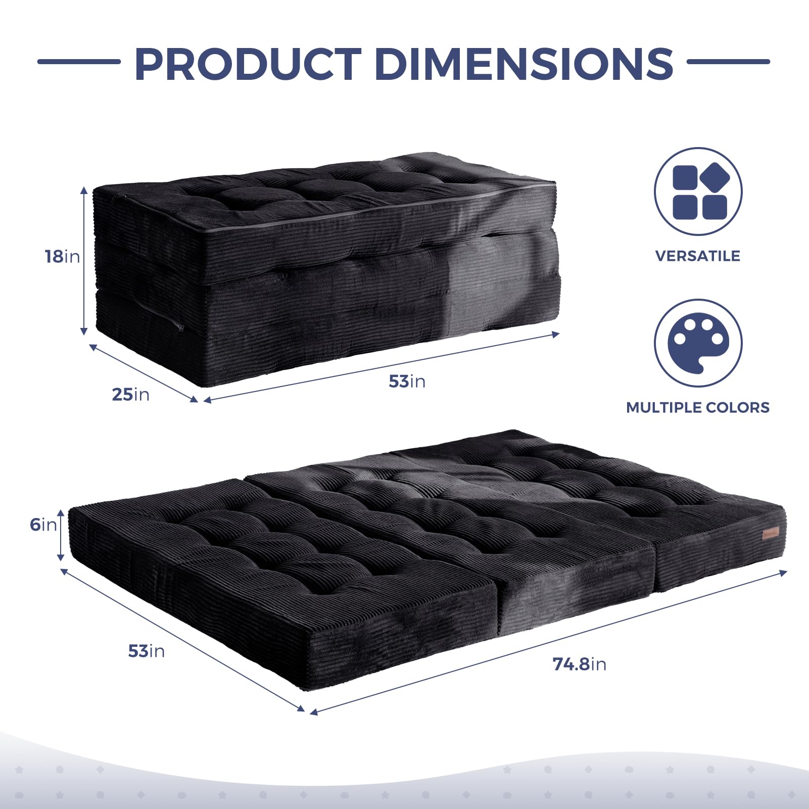 6 Inch Tri Fold Mattress - Full Size Tufted Foam Folding Bed with Corded Fabric | Portable Guest Bed, Camping Mattress & Space Saving Solution (Black)