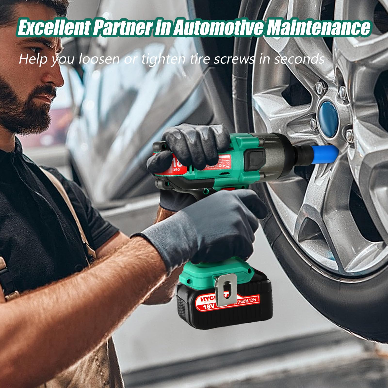 HYCHIKA 18V Cordless Impact Wrench - 350 N.m Max Torque, 4.0Ah Battery & Fast Charger Included - Powerful Electric Impact Gun for Automotive Repair, Construction & DIY Projects