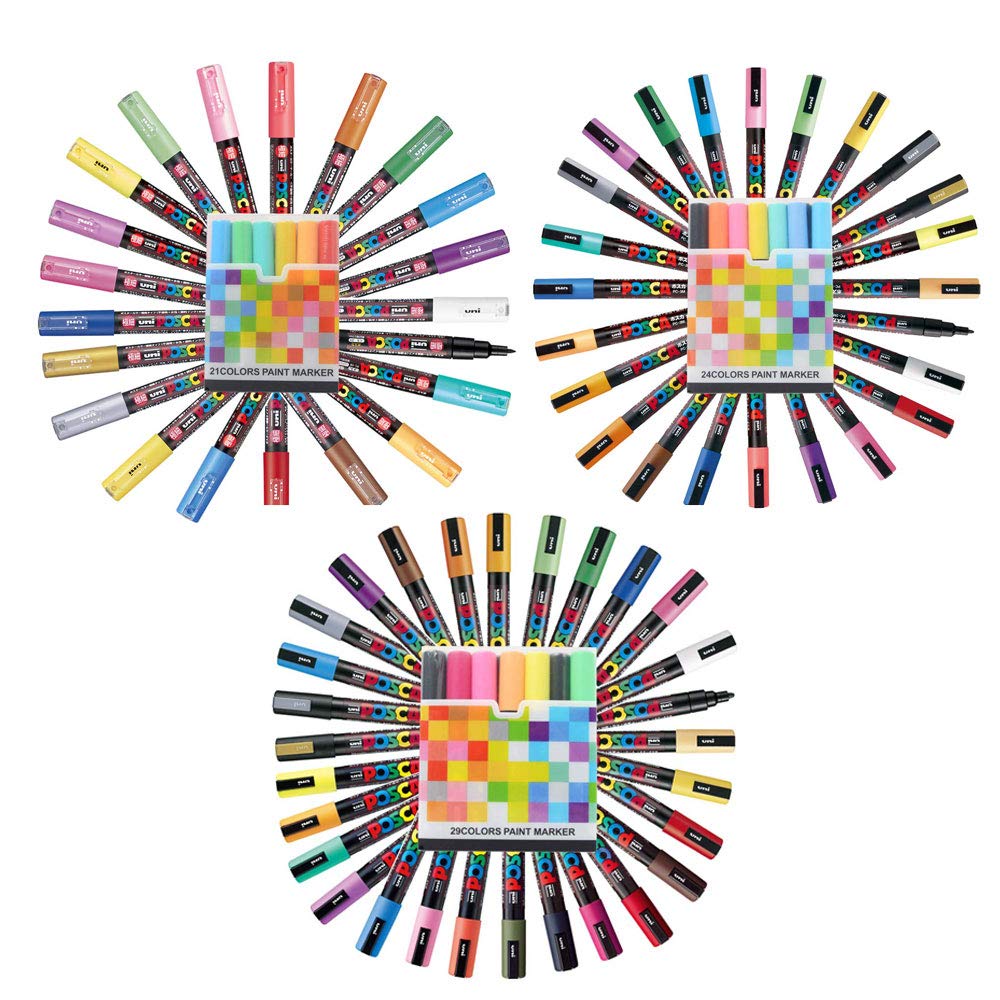 POSCA Uni Paint Marker Pen Set - 74 Vibrant Colors (PC-5M Medium, PC-3M Fine, PC-1M Extra Fine Points) with Original Plastic Case - Perfect for Artists, DIY Projects, Sketching & Crafting