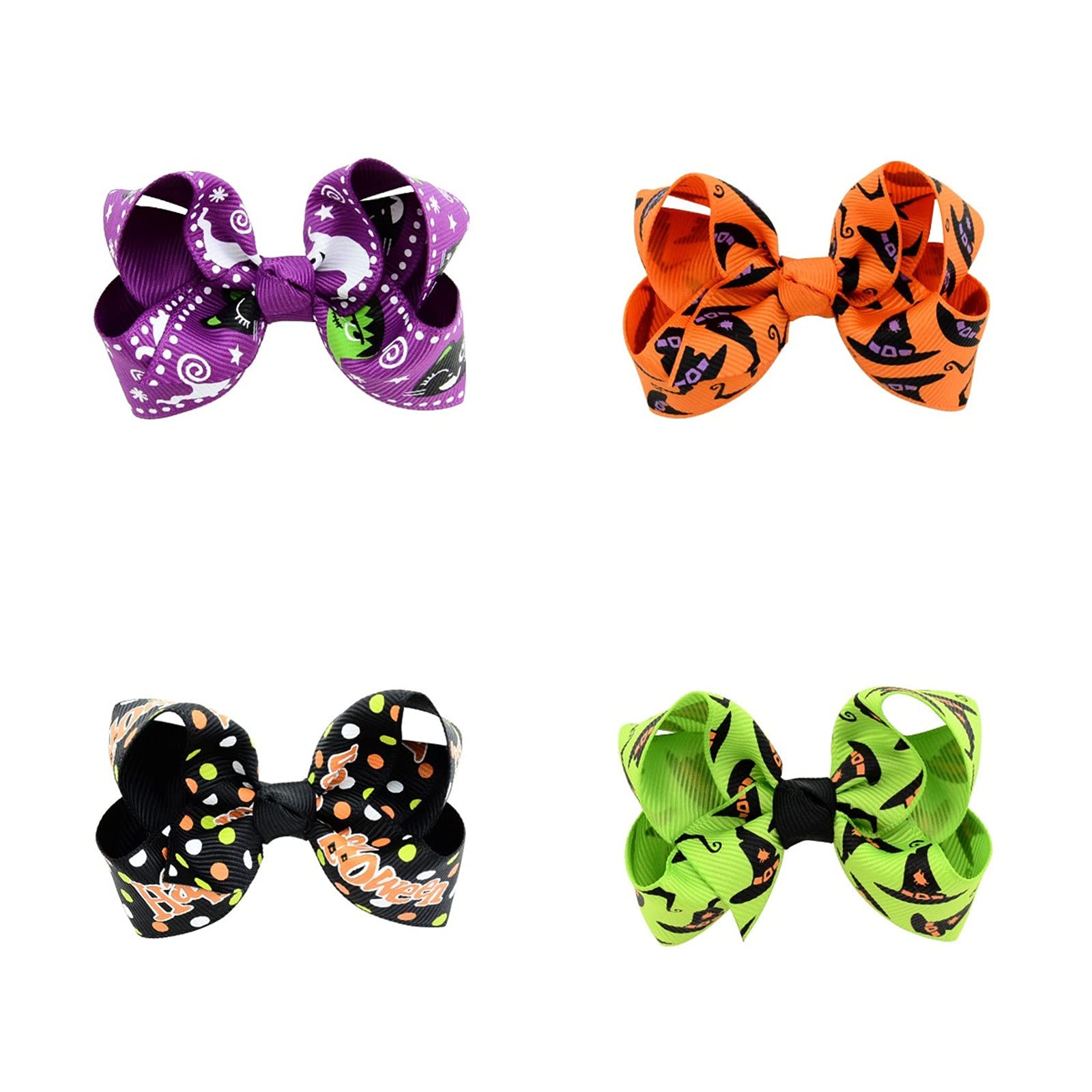Halloween Hair Bows for Girls - 4Pcs Ribbon Hair Clips Set - Cute Bow Accessories for Halloween Party, Birthday, Costume & School Events