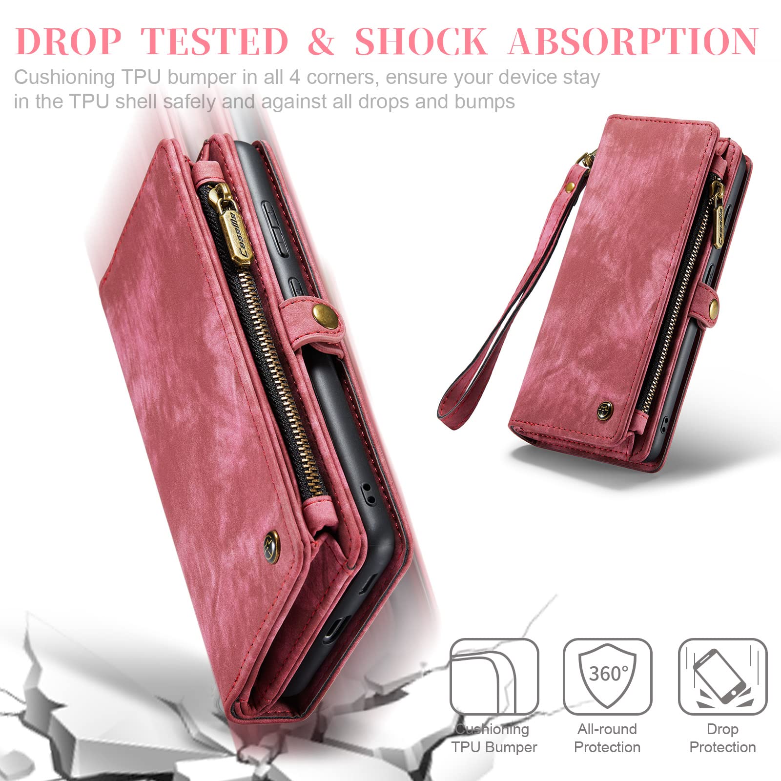 Genuine Leather Magnetic Wallet Case for Samsung Galaxy S22 2022 & S22 Ultra - Detachable Flip Cover with RFID Blocking, Card Slots & Zipper Purse | Perfect for Business, Travel & Everyday Protection (Red)