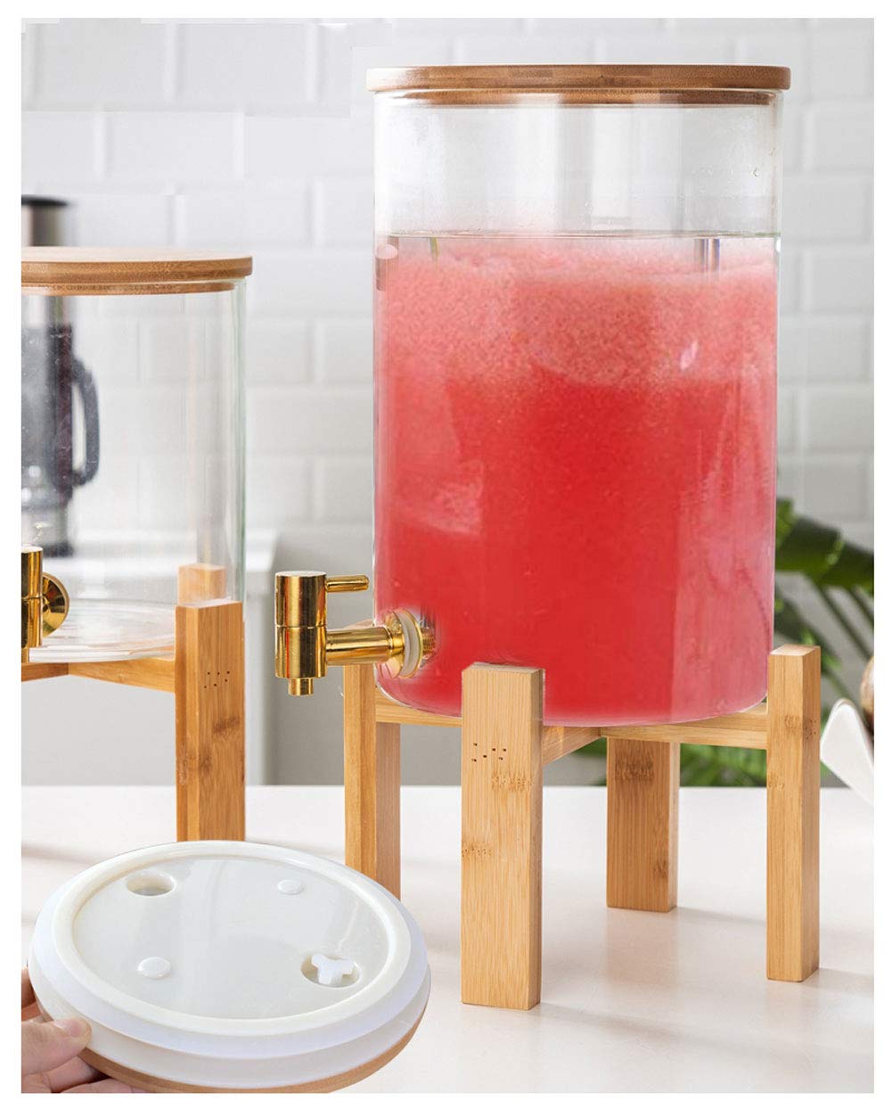 2 Gallon Glass Drink Dispenser with Wooden Stand & Stainless Steel Spigot - BPA-Free Borosilicate Glass Pitcher for Hot/Cold Beverages, Juice, Beer, Punch, Iced Tea - Perfect for Parties, BBQs, Weddings & Home Entertaining